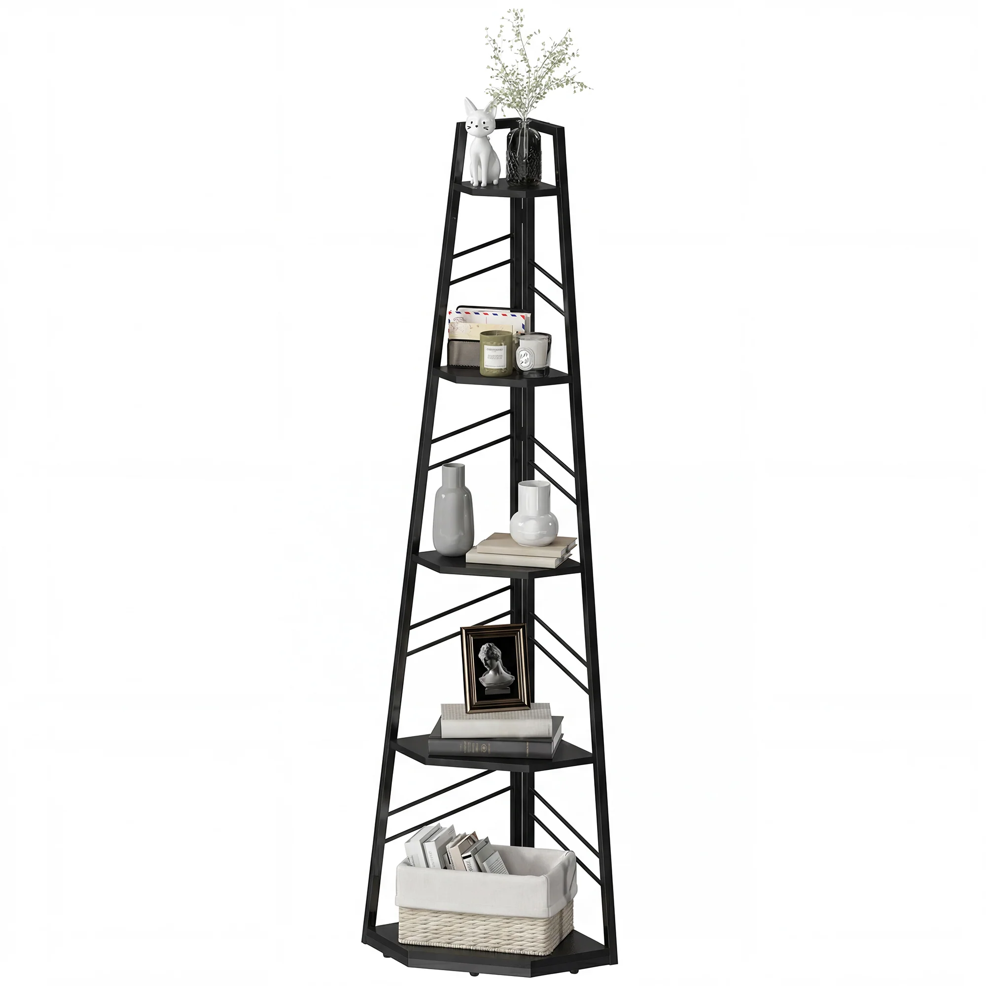 Corner Bookcase, 5-Tier Floor Standing Bookshelf, Shelving Unit for Living Room, Study, Bedroom, Black - Image 2