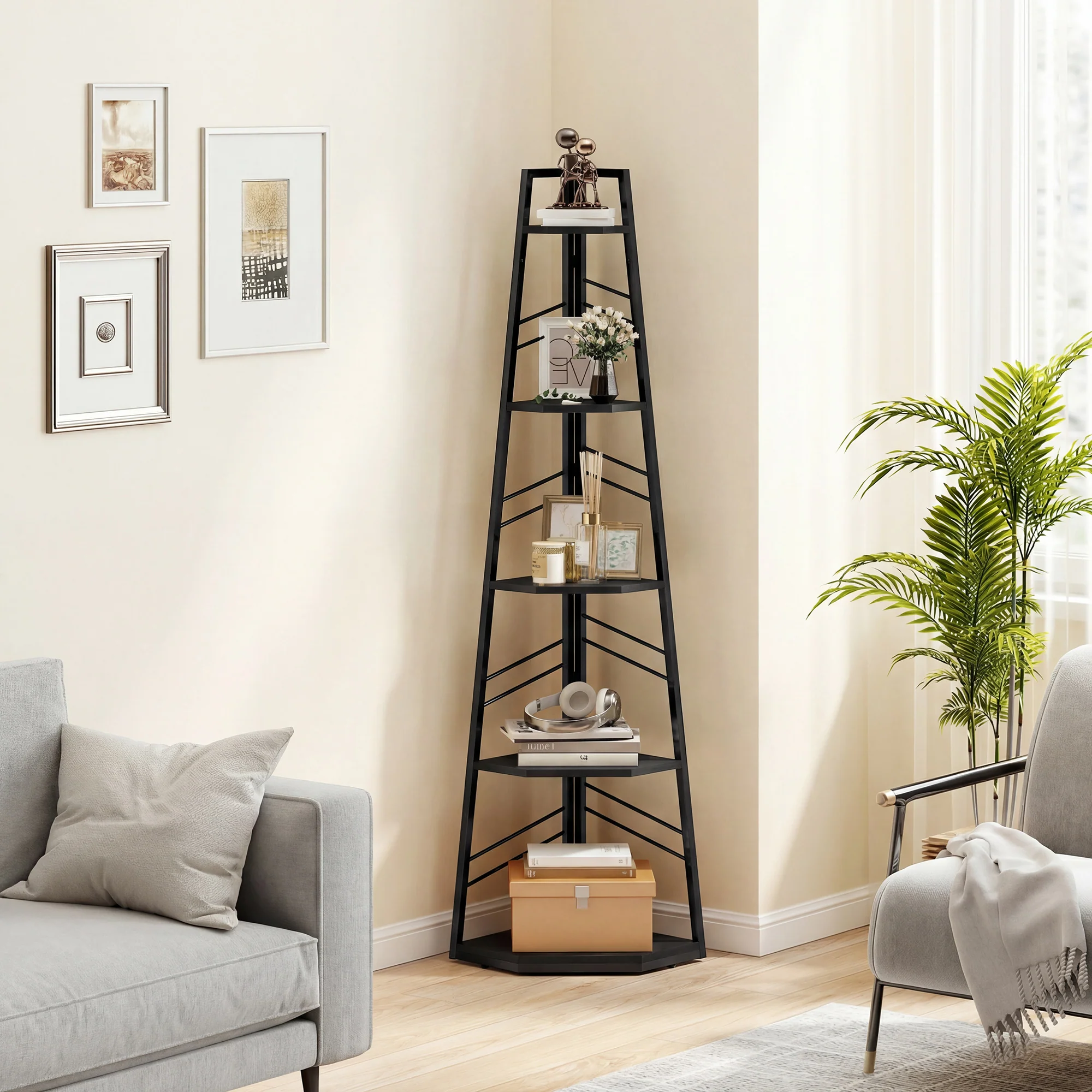 Corner Bookcase, 5-Tier Floor Standing Bookshelf, Shelving Unit for Living Room, Study, Bedroom, Black - Image 3