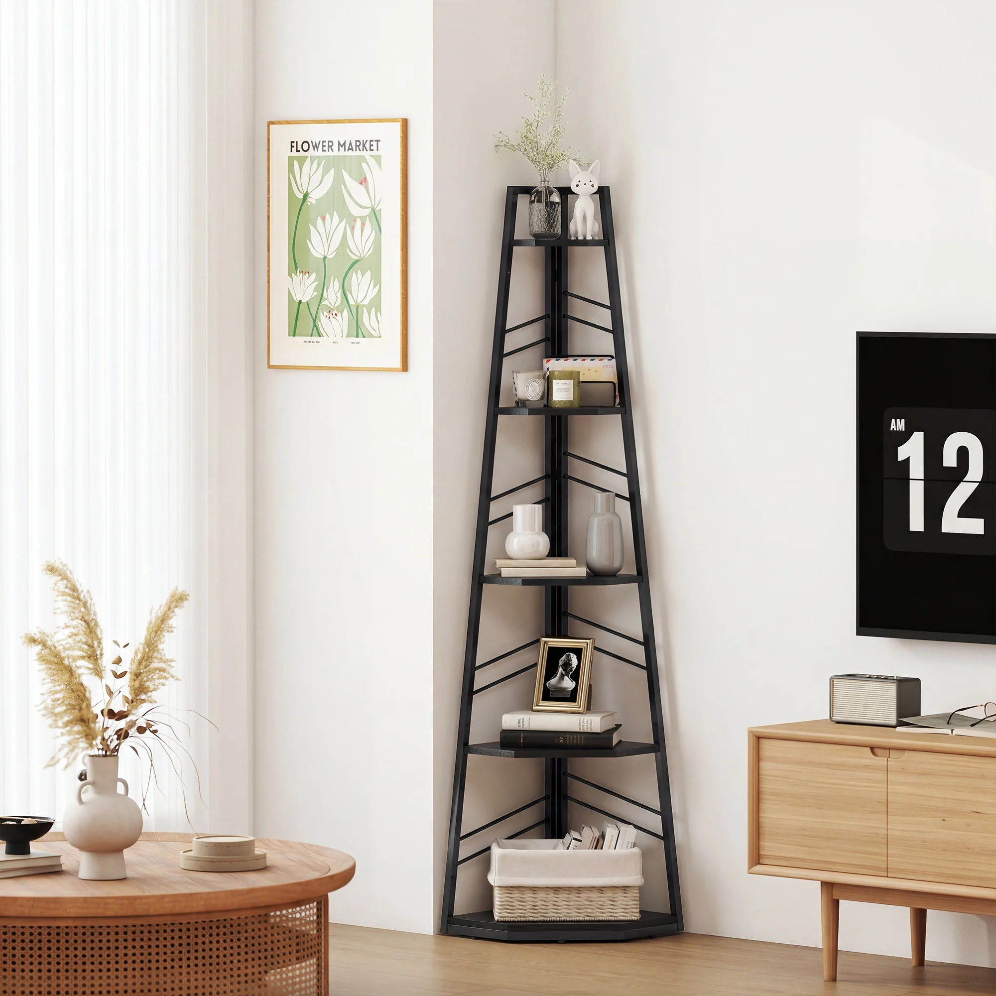 Corner Bookcase, 5-Tier Floor Standing Bookshelf, Shelving Unit for Living Room, Study, Bedroom, Black - Image 4
