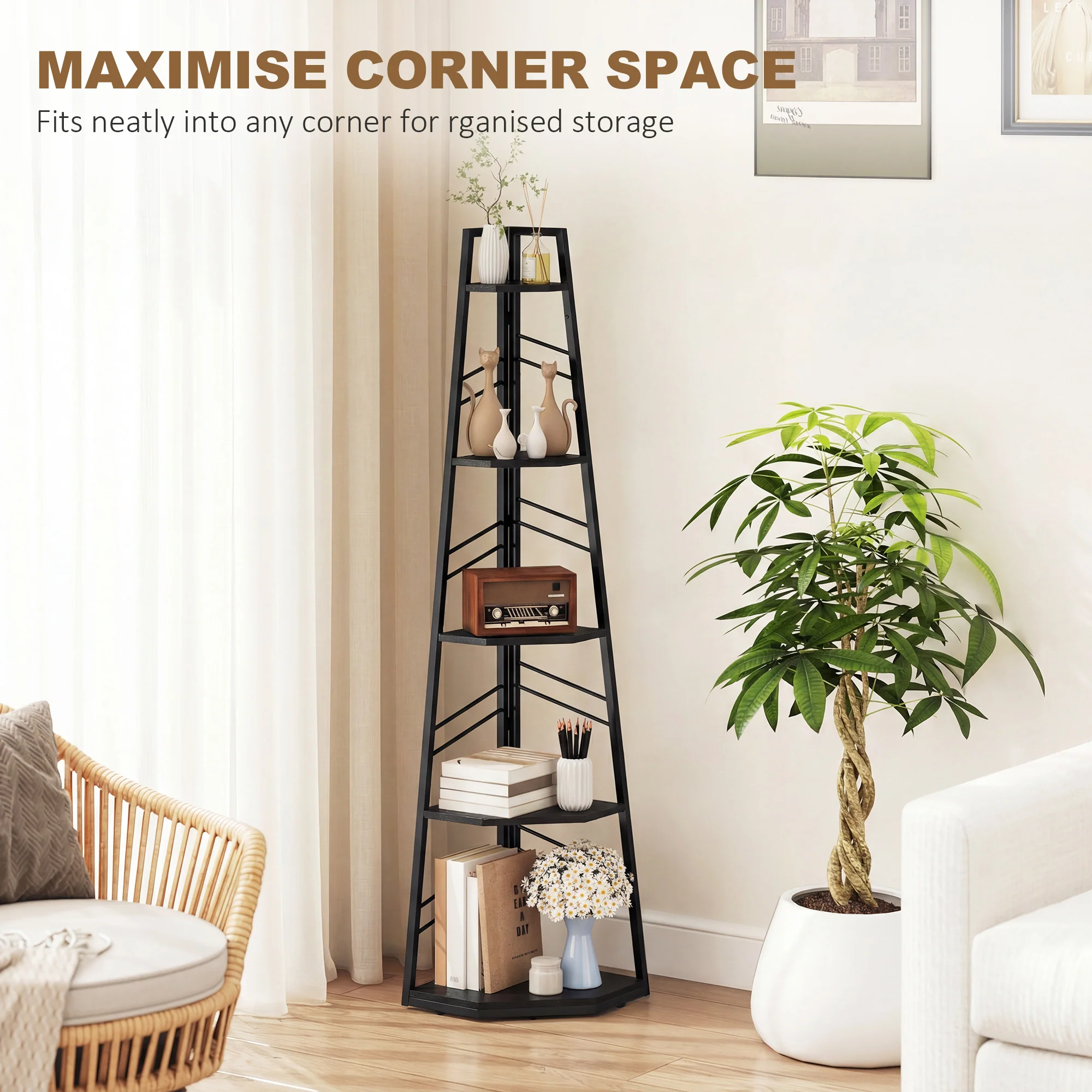 Corner Bookcase, 5-Tier Floor Standing Bookshelf, Shelving Unit for Living Room, Study, Bedroom, Black - Image 6