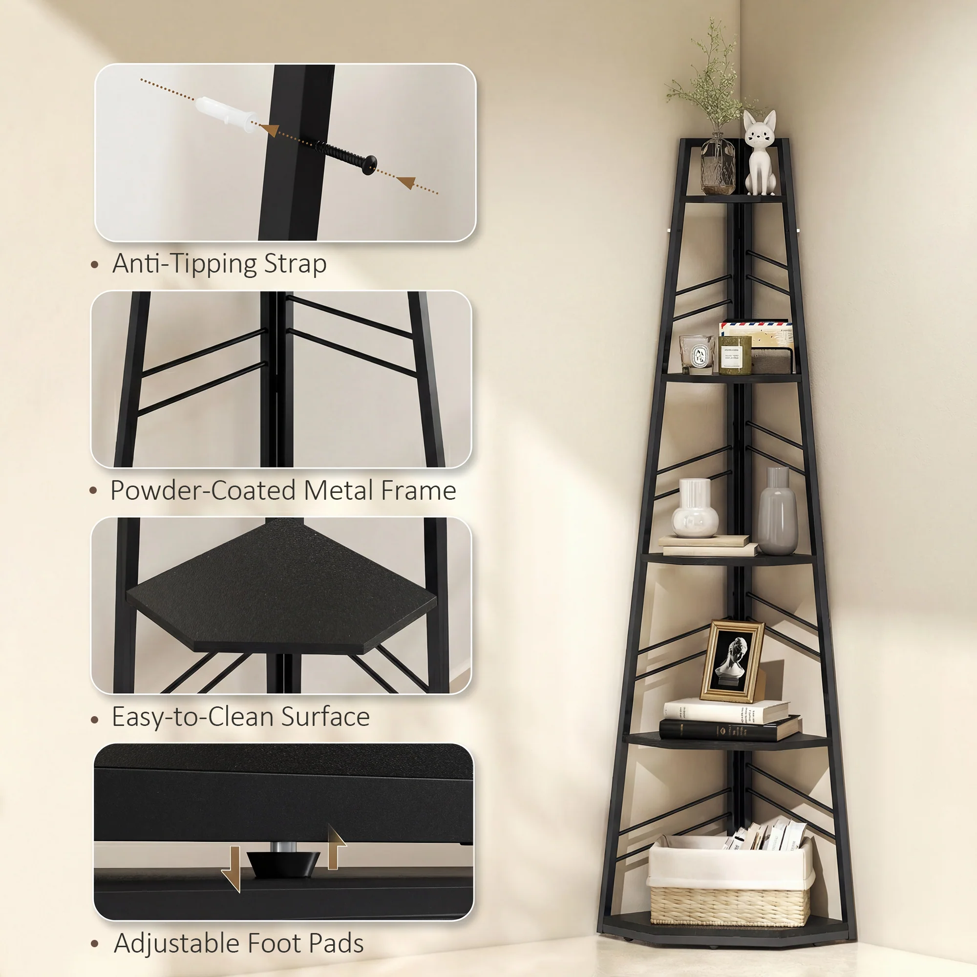Corner Bookcase, 5-Tier Floor Standing Bookshelf, Shelving Unit for Living Room, Study, Bedroom, Black - Image 8