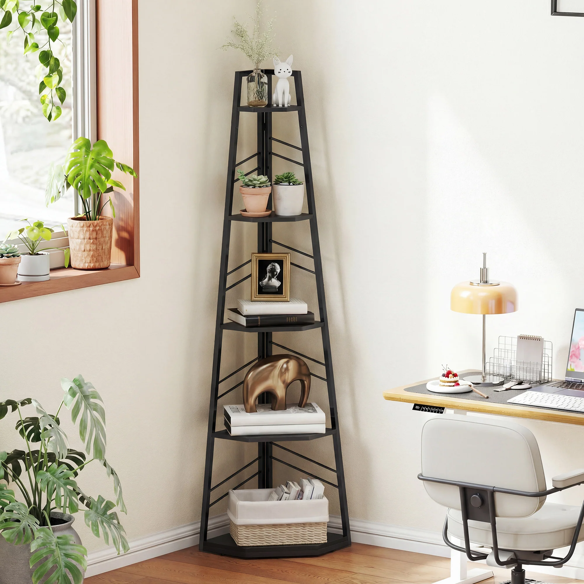 Corner Bookcase, 5-Tier Floor Standing Bookshelf, Shelving Unit for Living Room, Study, Bedroom, Black - Image 9