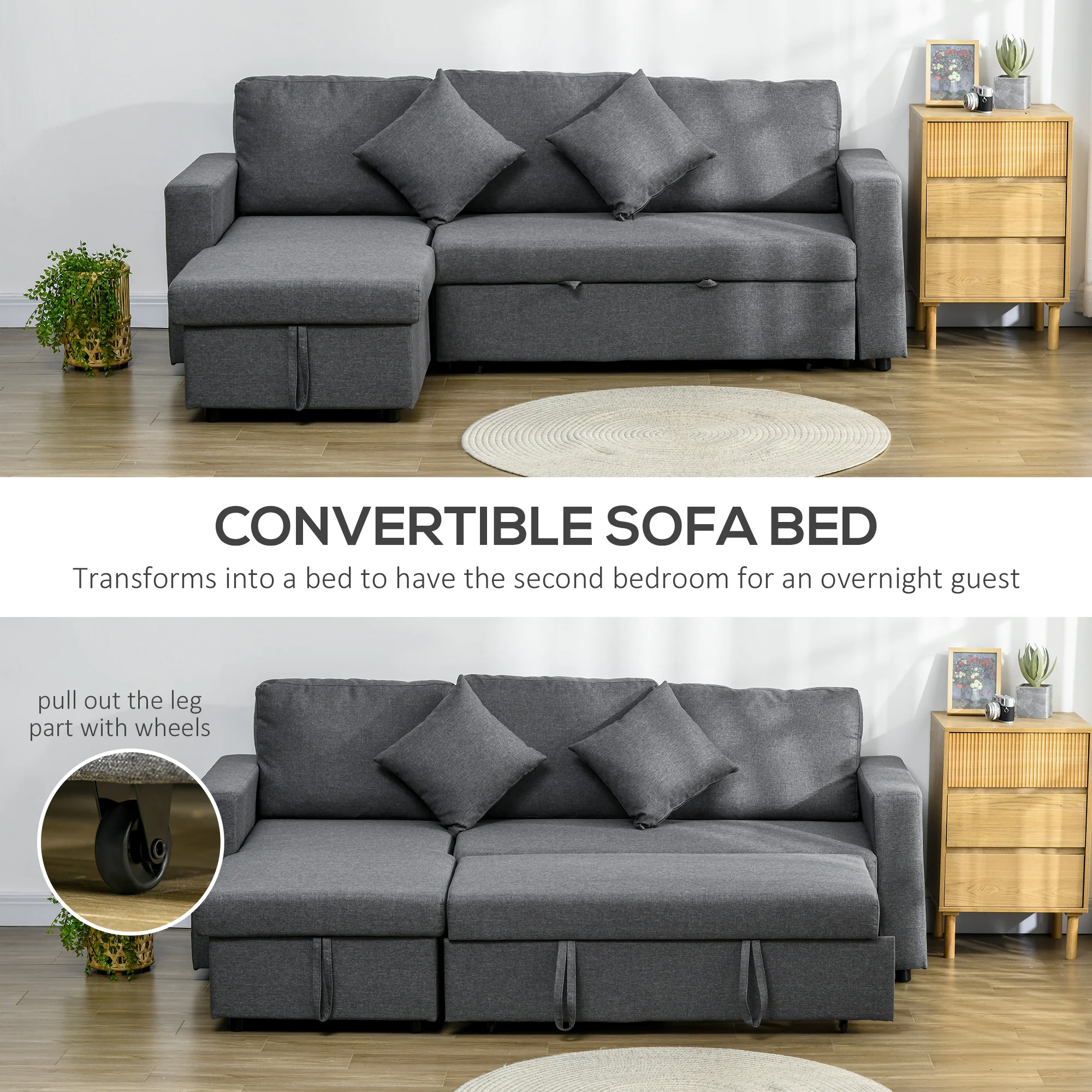 Corner Sofa Bed, Convertible Sofa Bed with Storage & Reversible Chaise Lounge, Dark Grey - Image 6