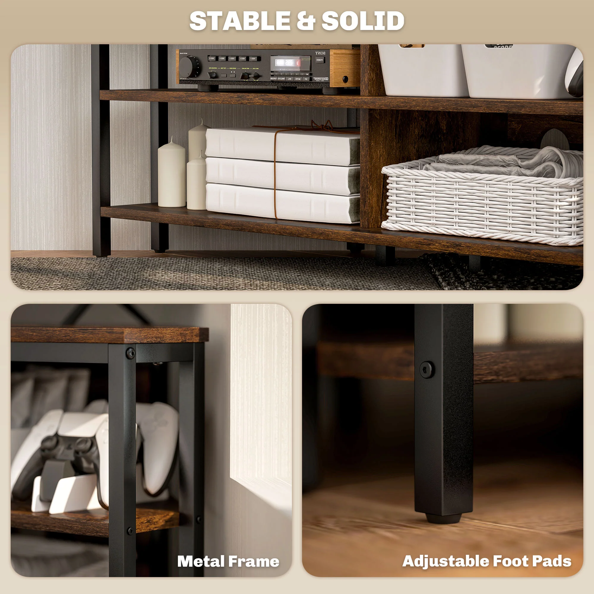 TV Stand Cabinet with Storage Shelves and Cable Holes, TV Unit for TVs up to 50", Rustic Brown - Image 10