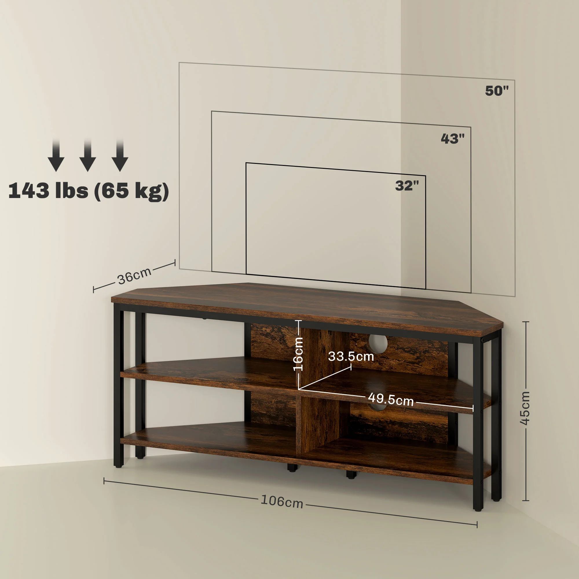 TV Stand Cabinet with Storage Shelves and Cable Holes, TV Unit for TVs up to 50", Rustic Brown - Image 5