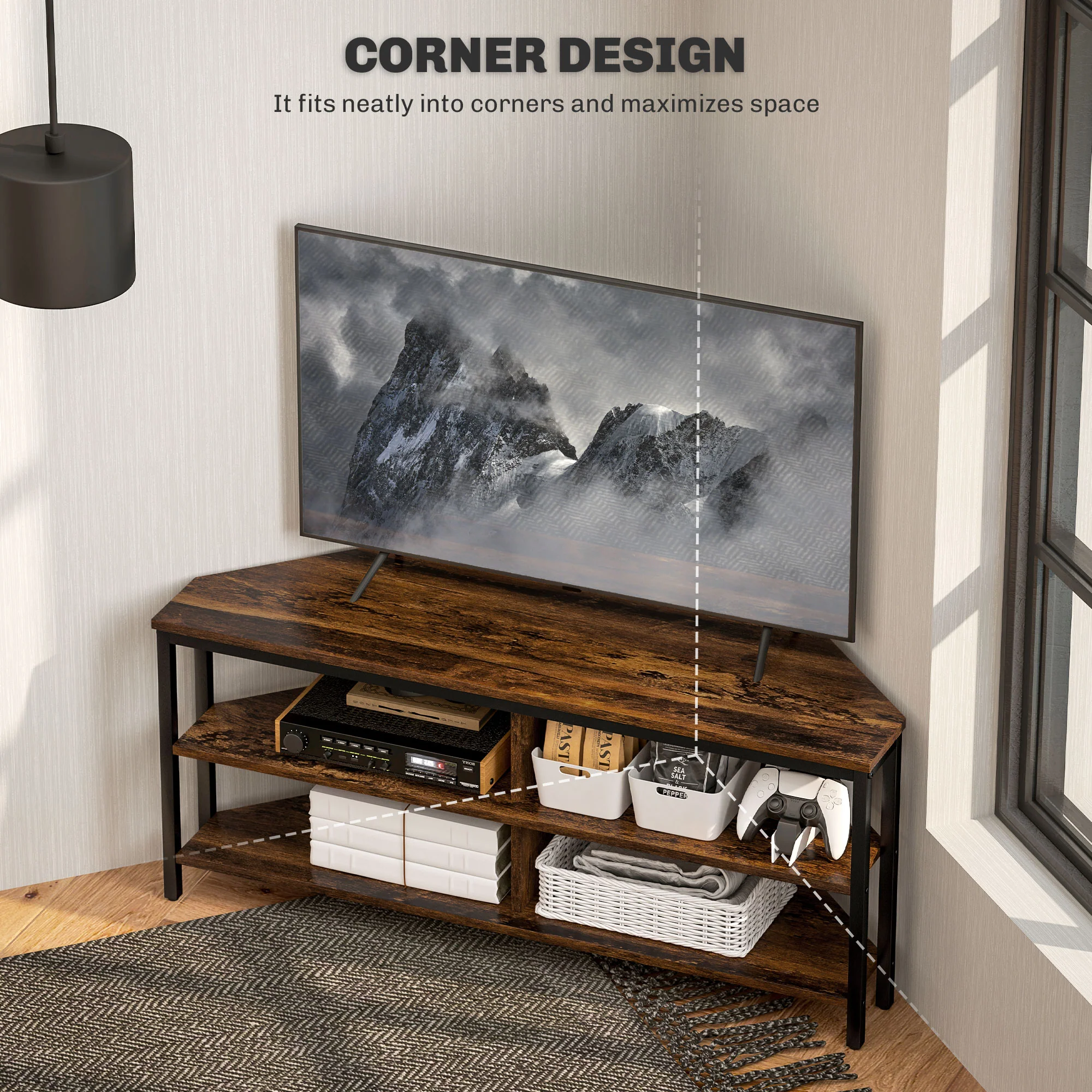 TV Stand Cabinet with Storage Shelves and Cable Holes, TV Unit for TVs up to 50", Rustic Brown - Image 6
