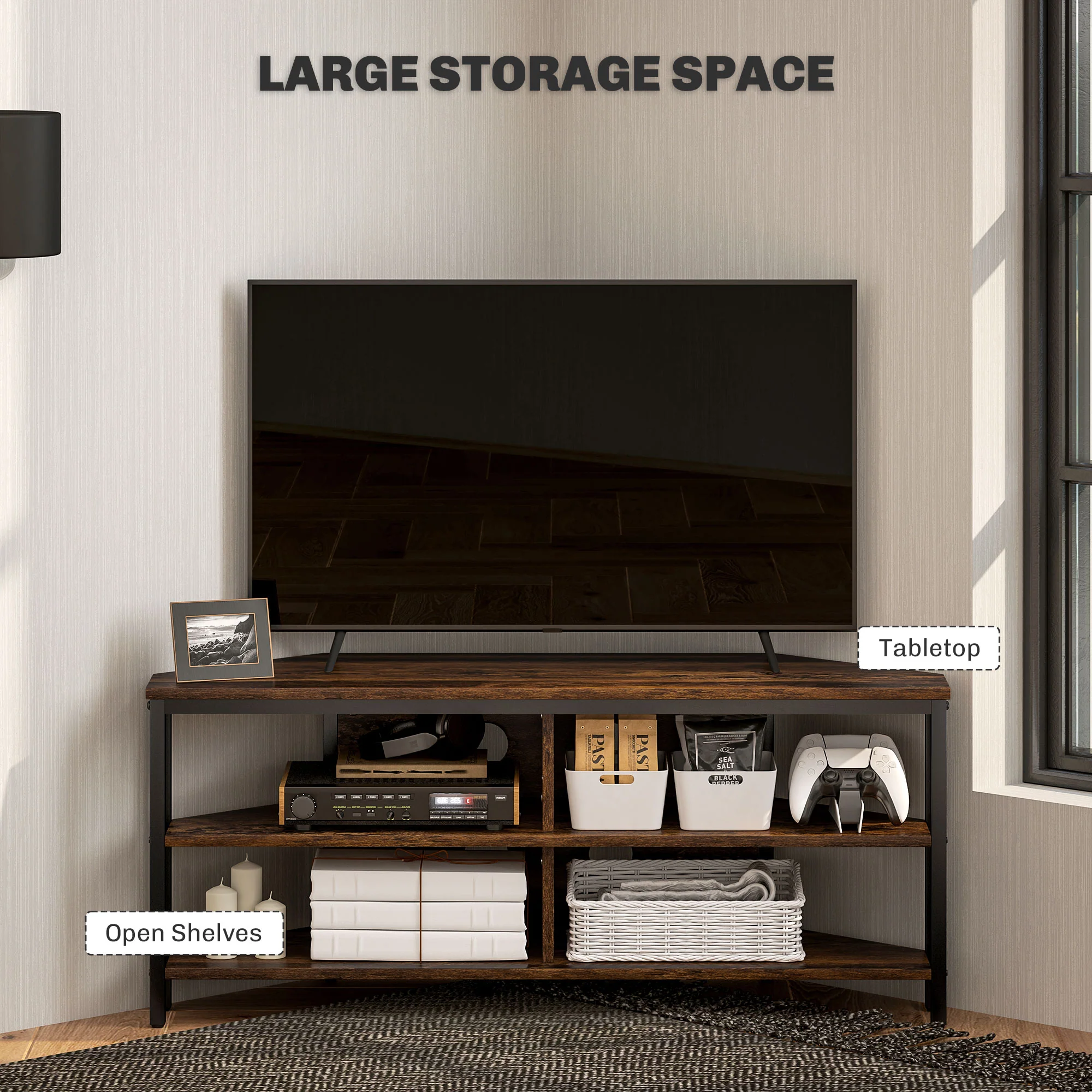 TV Stand Cabinet with Storage Shelves and Cable Holes, TV Unit for TVs up to 50", Rustic Brown - Image 7
