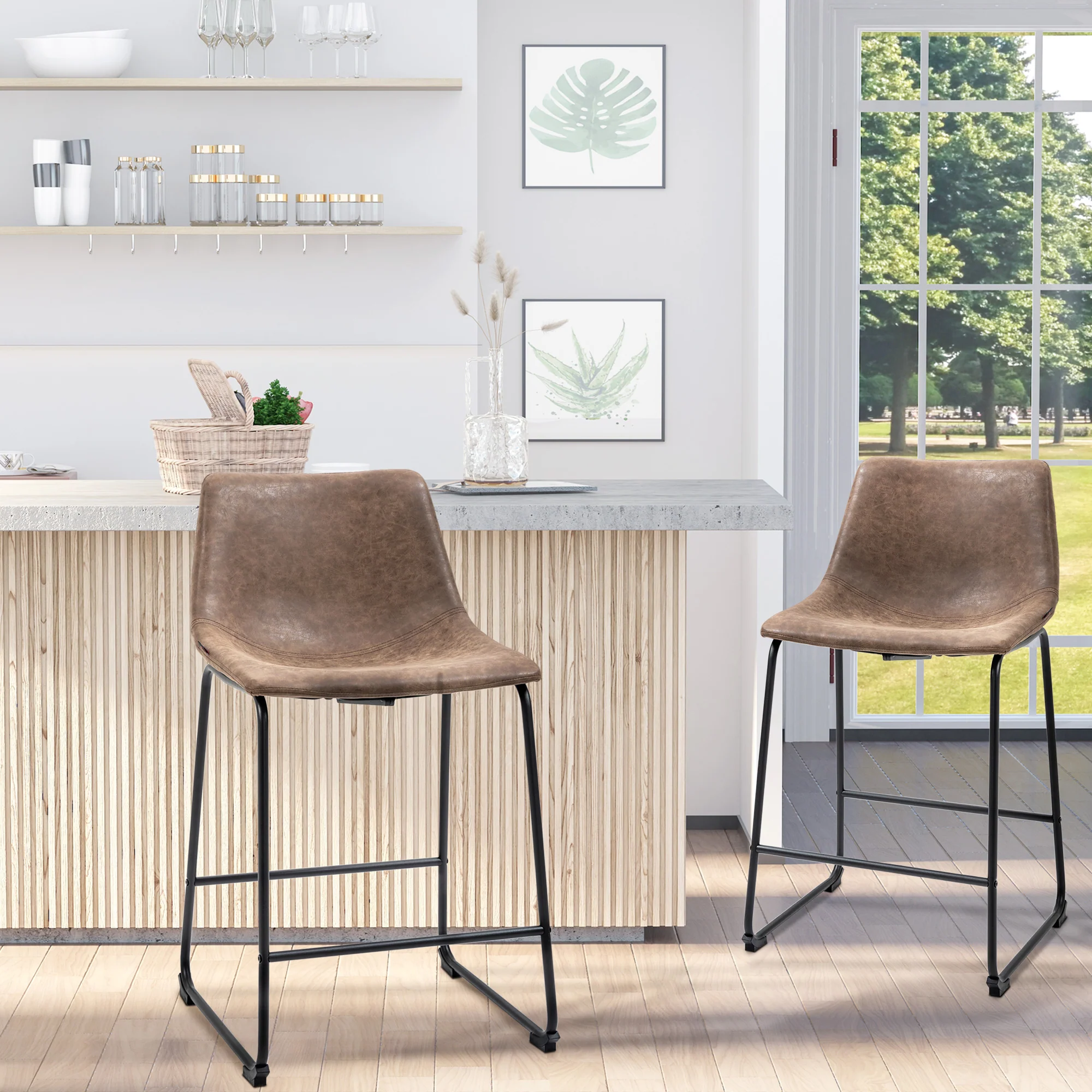 Set of 2 Vintage PU Leather Bar Stools with Footrest, Brown - Image 3