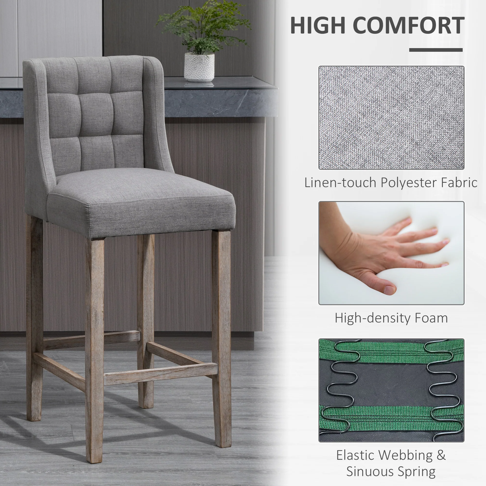 Set of 2 Counter Height Bar Stools with Tufted Backrest, Grey - Image 8