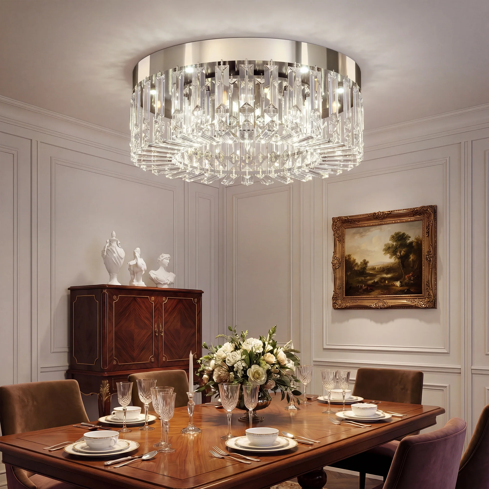 Elegant Crystal Droplet Chandelier, 6-Light Flush Mount Ceiling Light, Silver Tone - Image 11