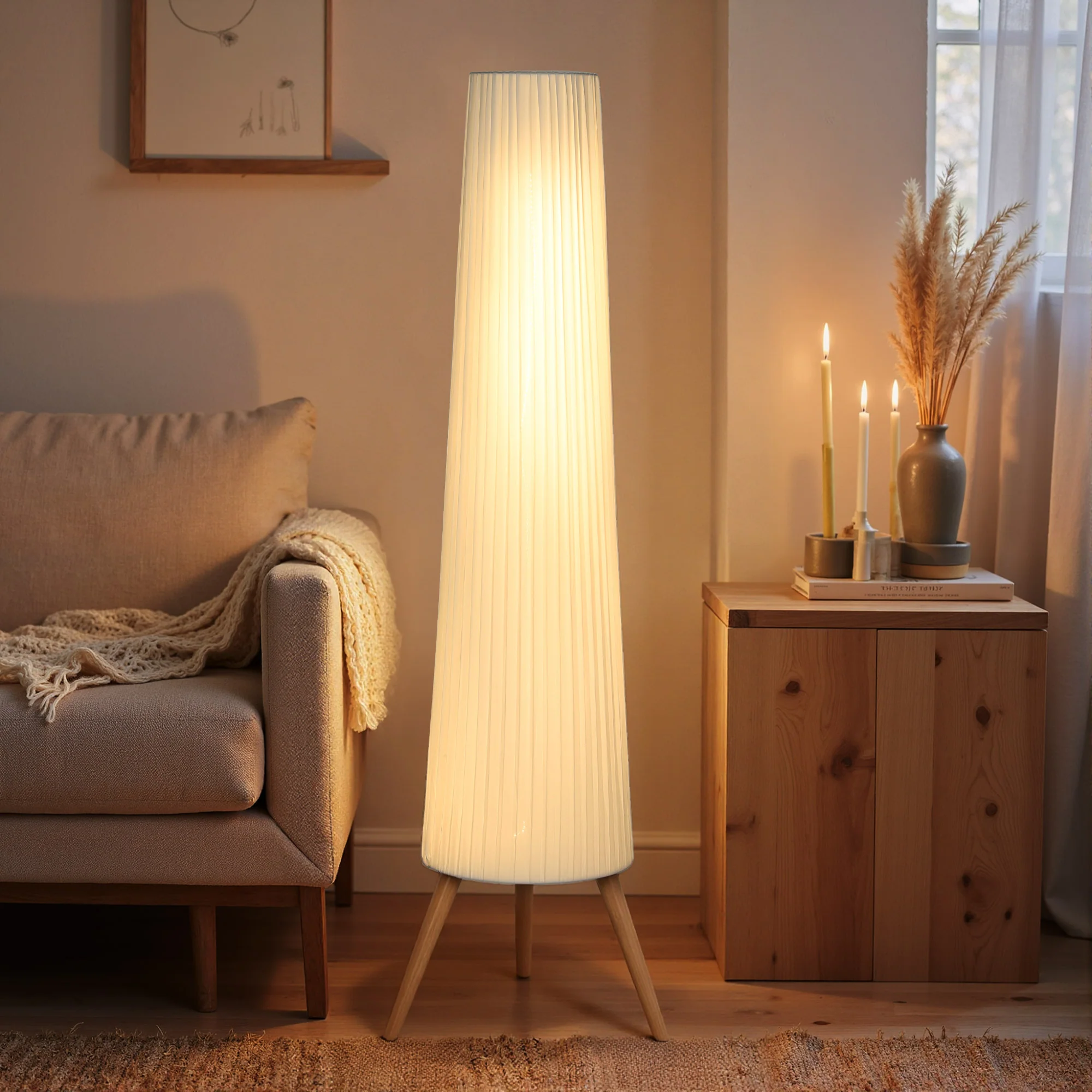 Dimmable Tripod Floor Lamp with Foot Switch, Nordic Standing Lamp with Wood Legs and Fabric Shade for Living Room, Bedroom, Office, 153cm, White - Image 3