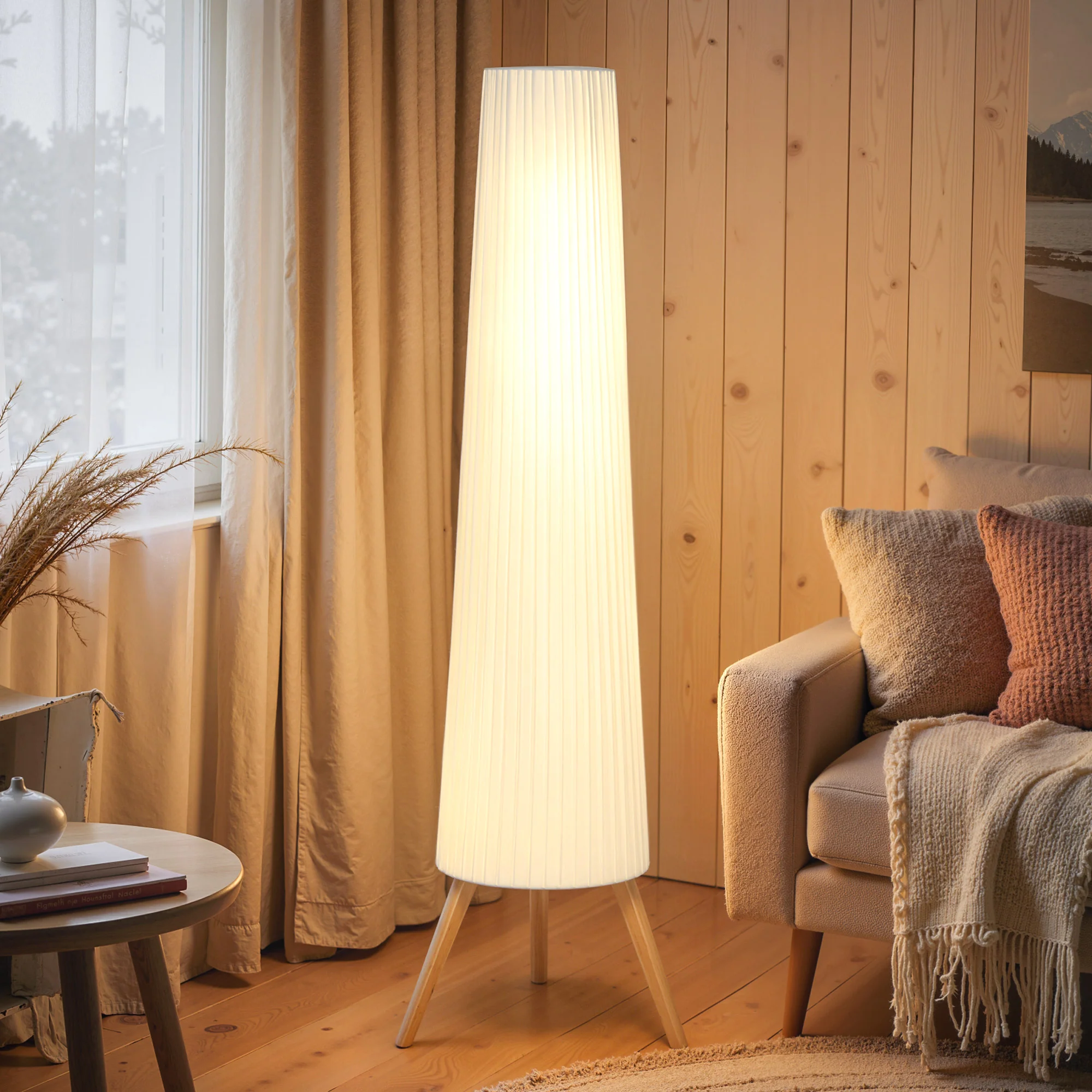 Dimmable Tripod Floor Lamp with Foot Switch, Nordic Standing Lamp with Wood Legs and Fabric Shade for Living Room, Bedroom, Office, 153cm, White - Image 4