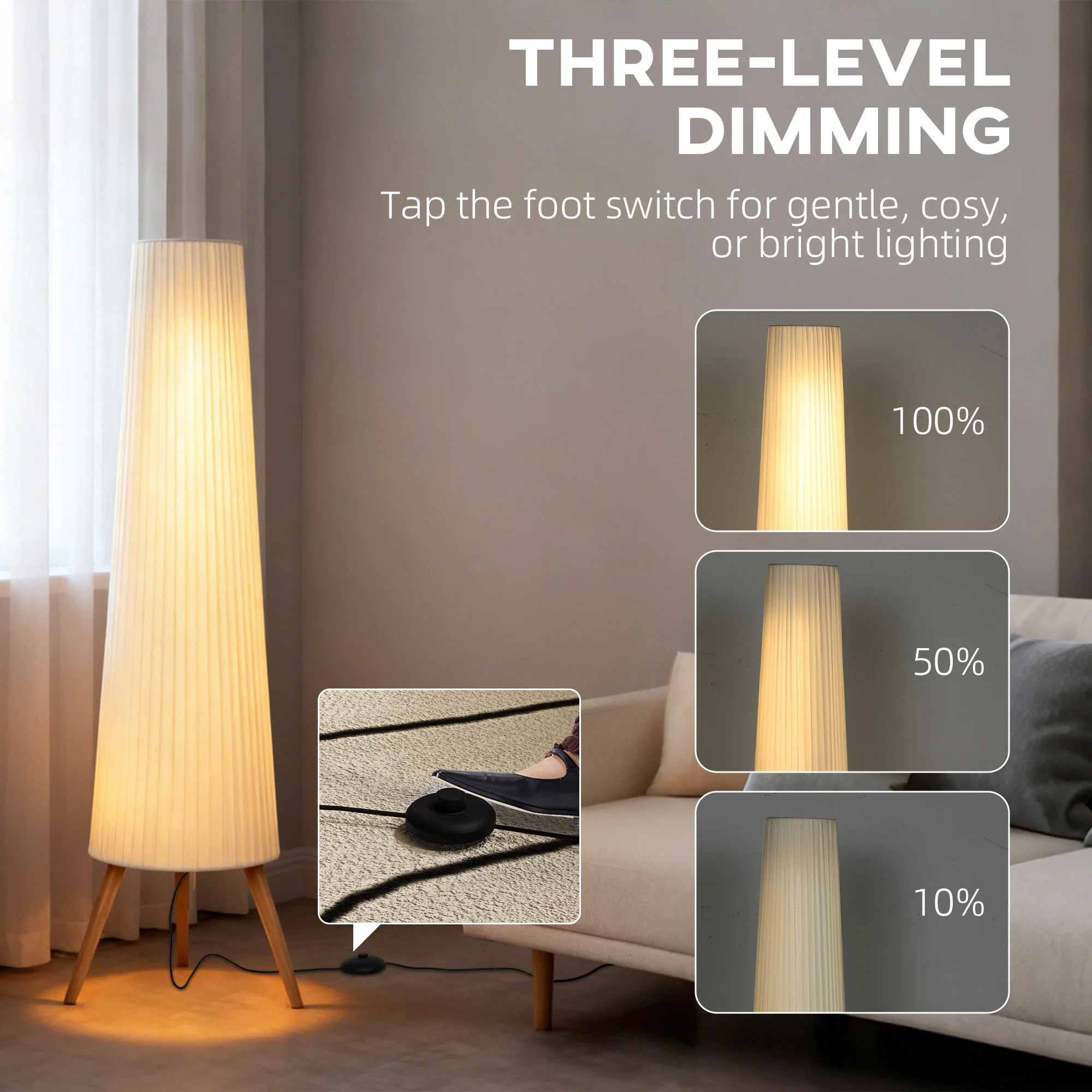 Dimmable Tripod Floor Lamp with Foot Switch, Nordic Standing Lamp with Wood Legs and Fabric Shade for Living Room, Bedroom, Office, 153cm, White - Image 6