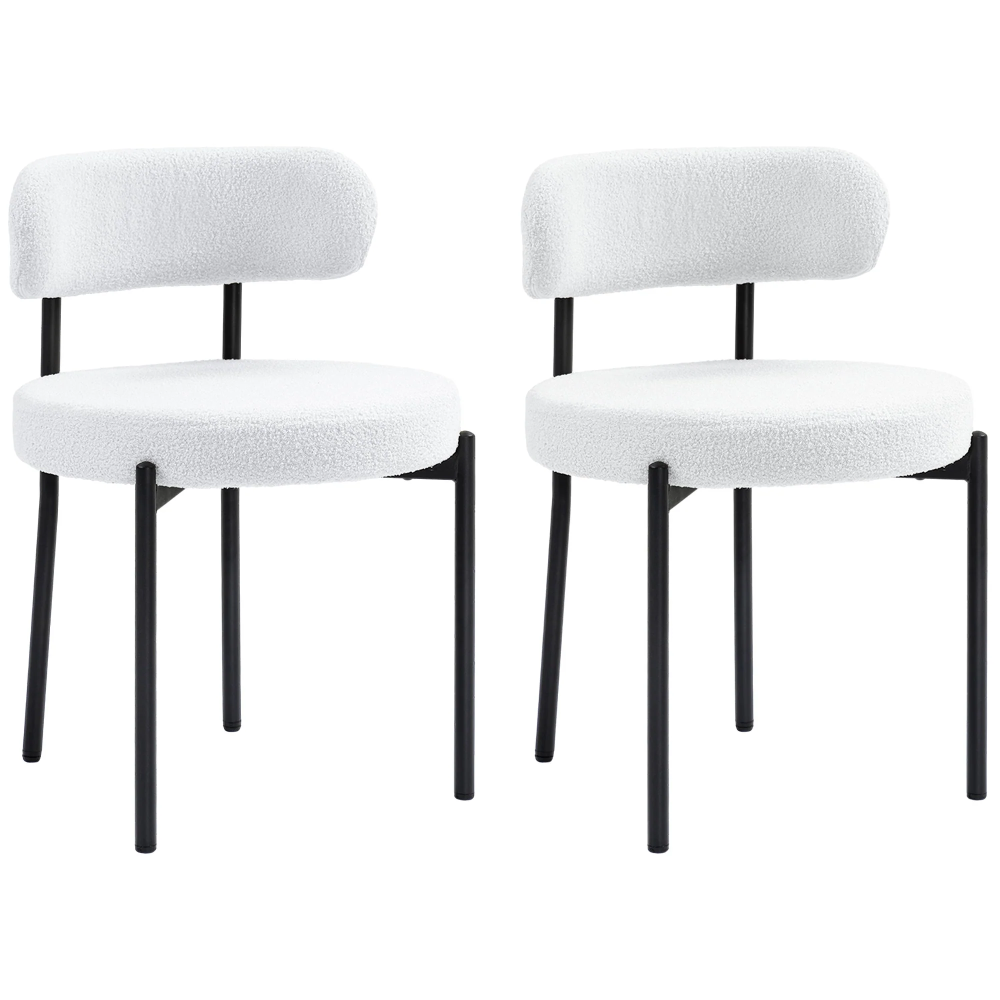 Set of 2 Modern Dining Chairs with Berber Fleece Upholstery & Steel Legs, Cream White
