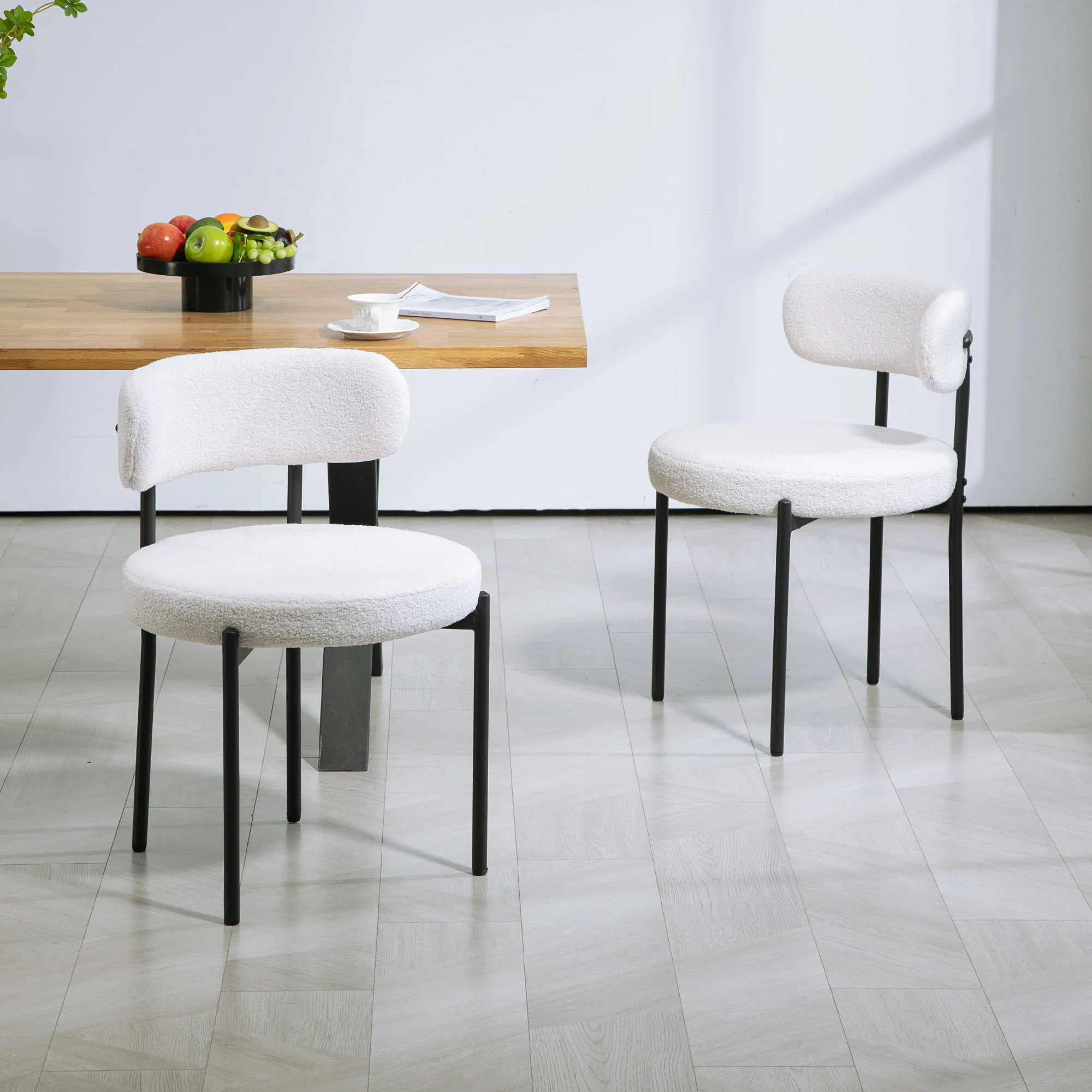 Set of 2 Modern Dining Chairs with Berber Fleece Upholstery & Steel Legs, Cream White - Image 4