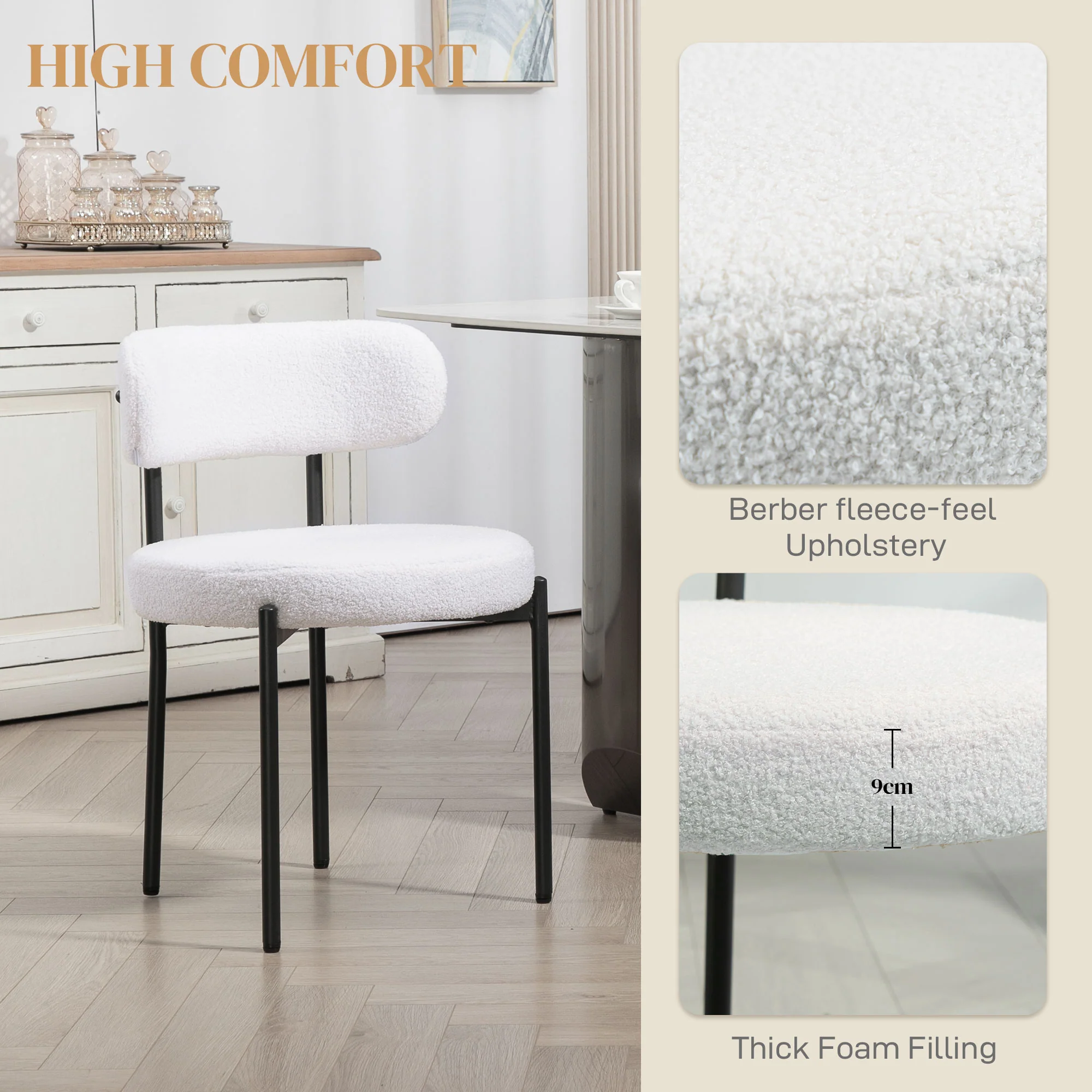 Set of 2 Modern Dining Chairs with Berber Fleece Upholstery & Steel Legs, Cream White - Image 7