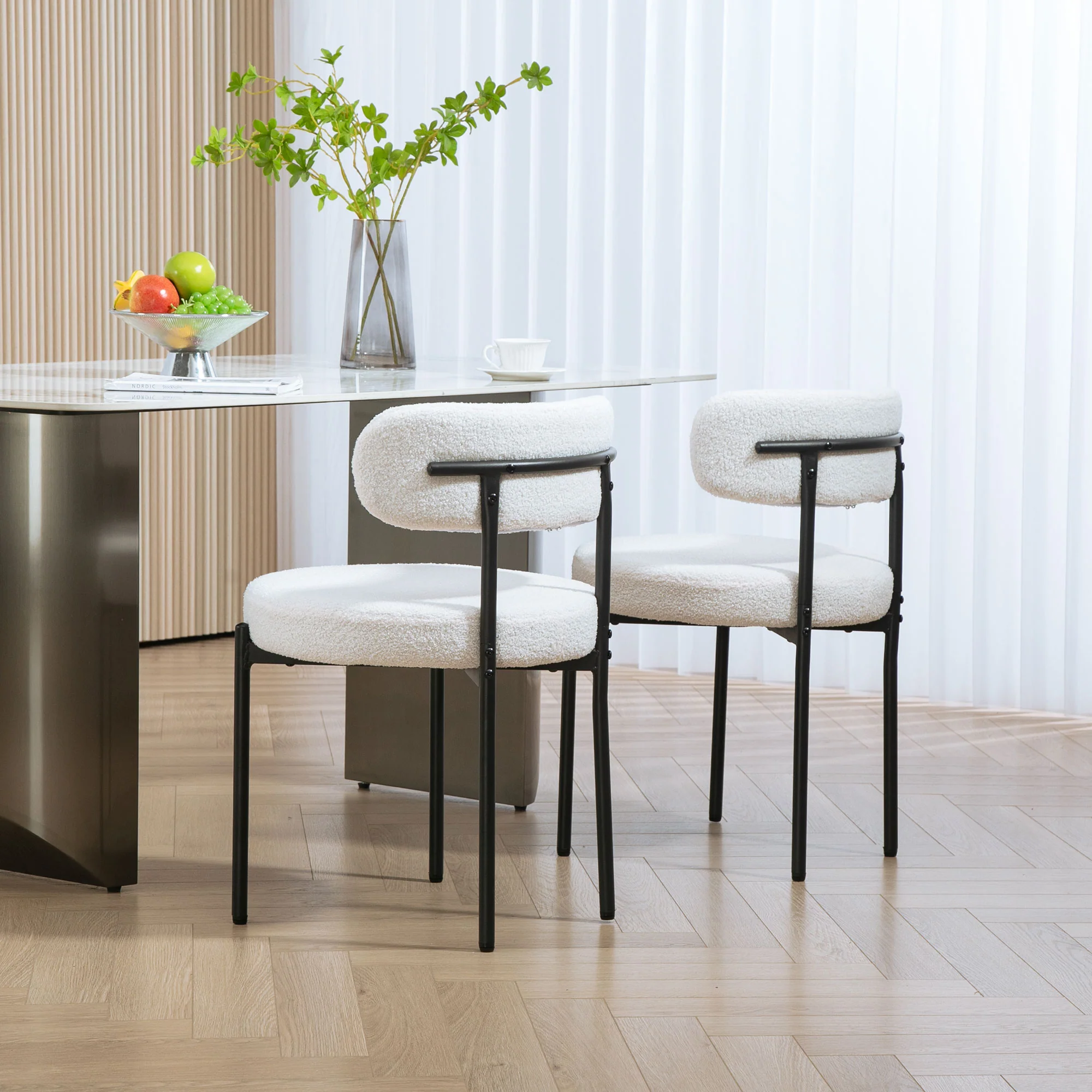 Set of 2 Modern Dining Chairs with Berber Fleece Upholstery & Steel Legs, Cream White - Image 9