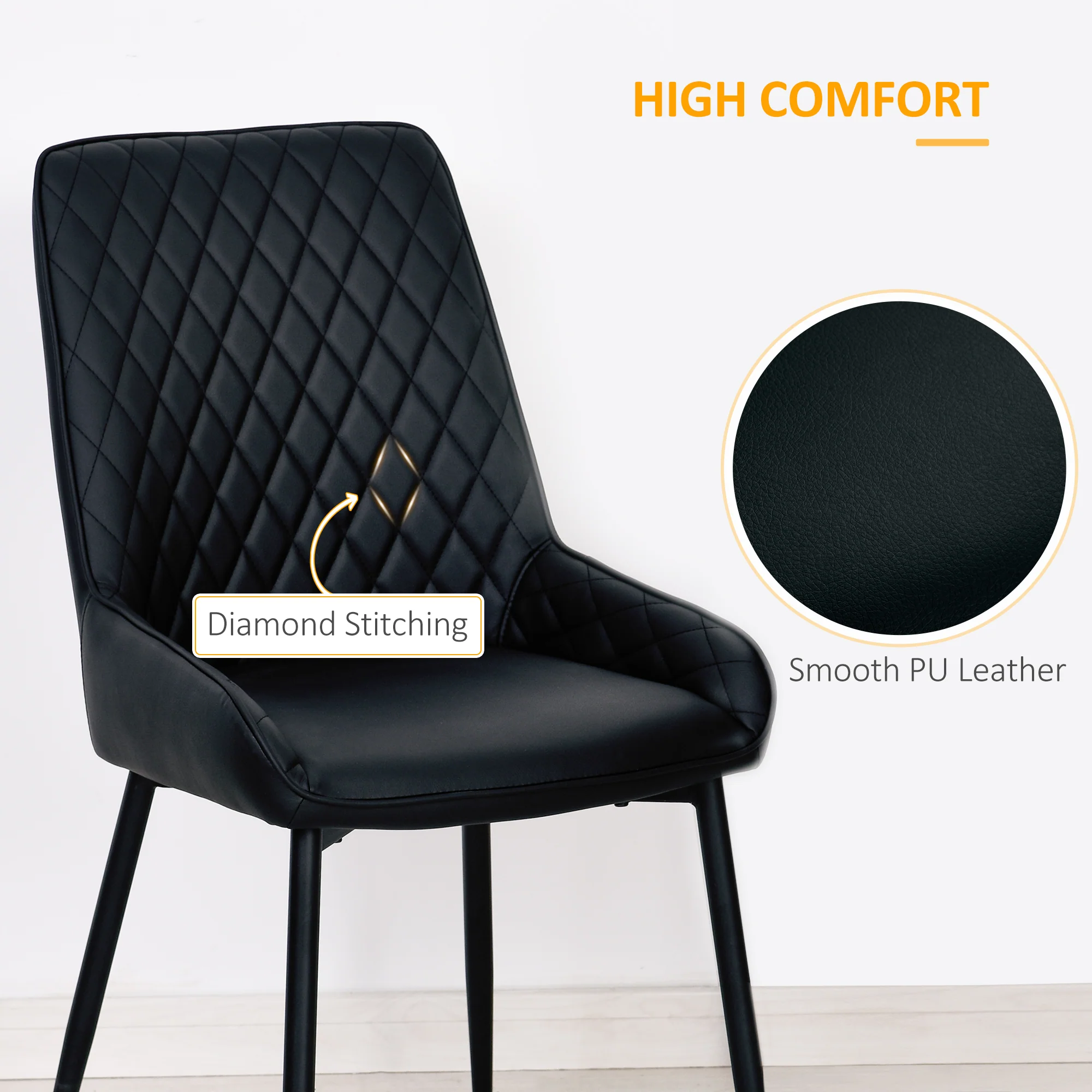 Set of 2 PU Leather Dining Chairs with Tufted Backs & Steel Legs, Black - Image 7