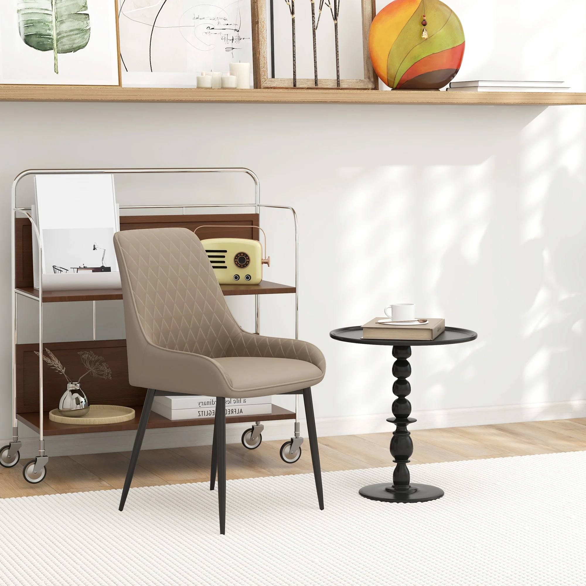 Set of 2 PU Leather Dining Chairs with Tufted Backs & Steel Legs, Khaki - Image 10