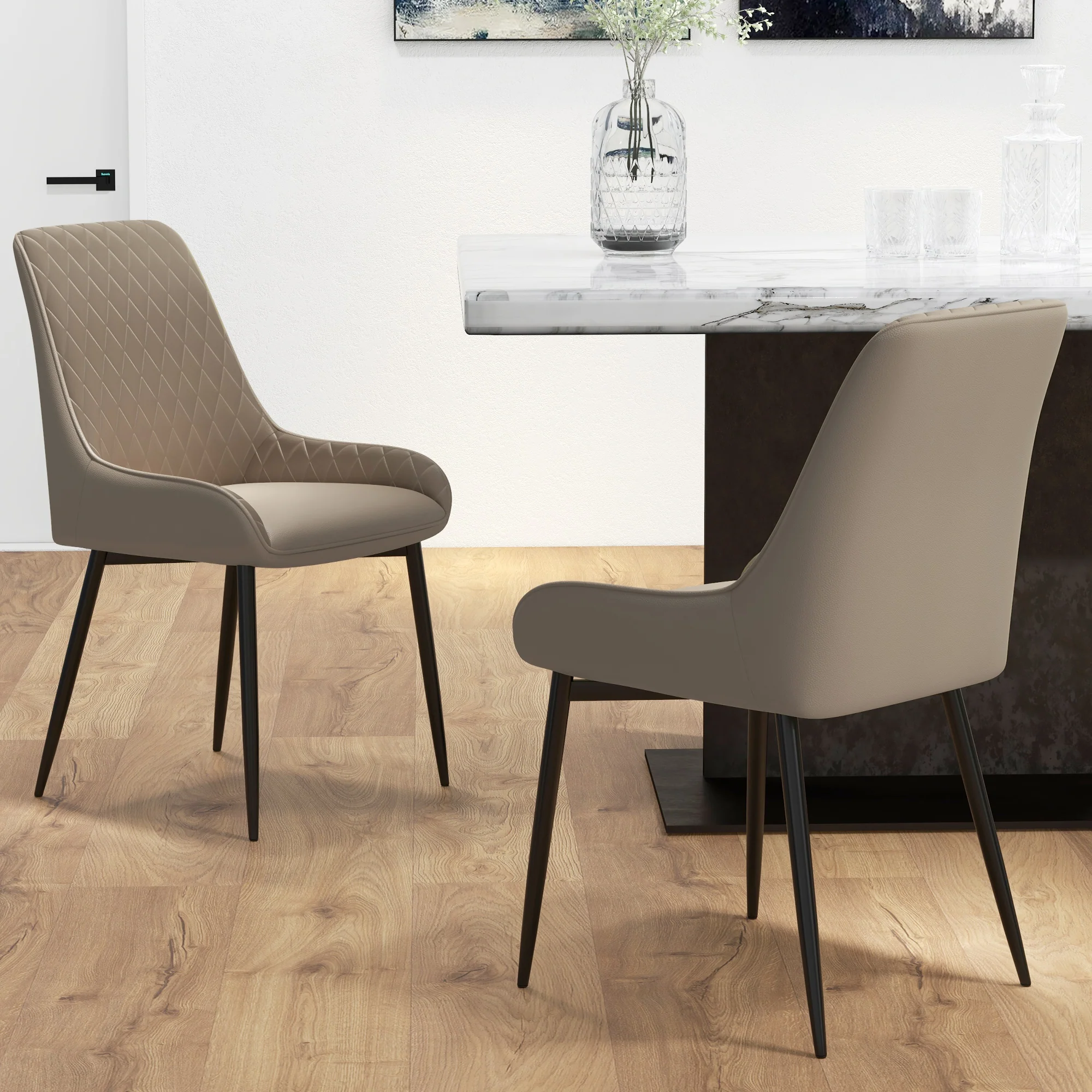 Set of 2 PU Leather Dining Chairs with Tufted Backs & Steel Legs, Khaki - Image 9