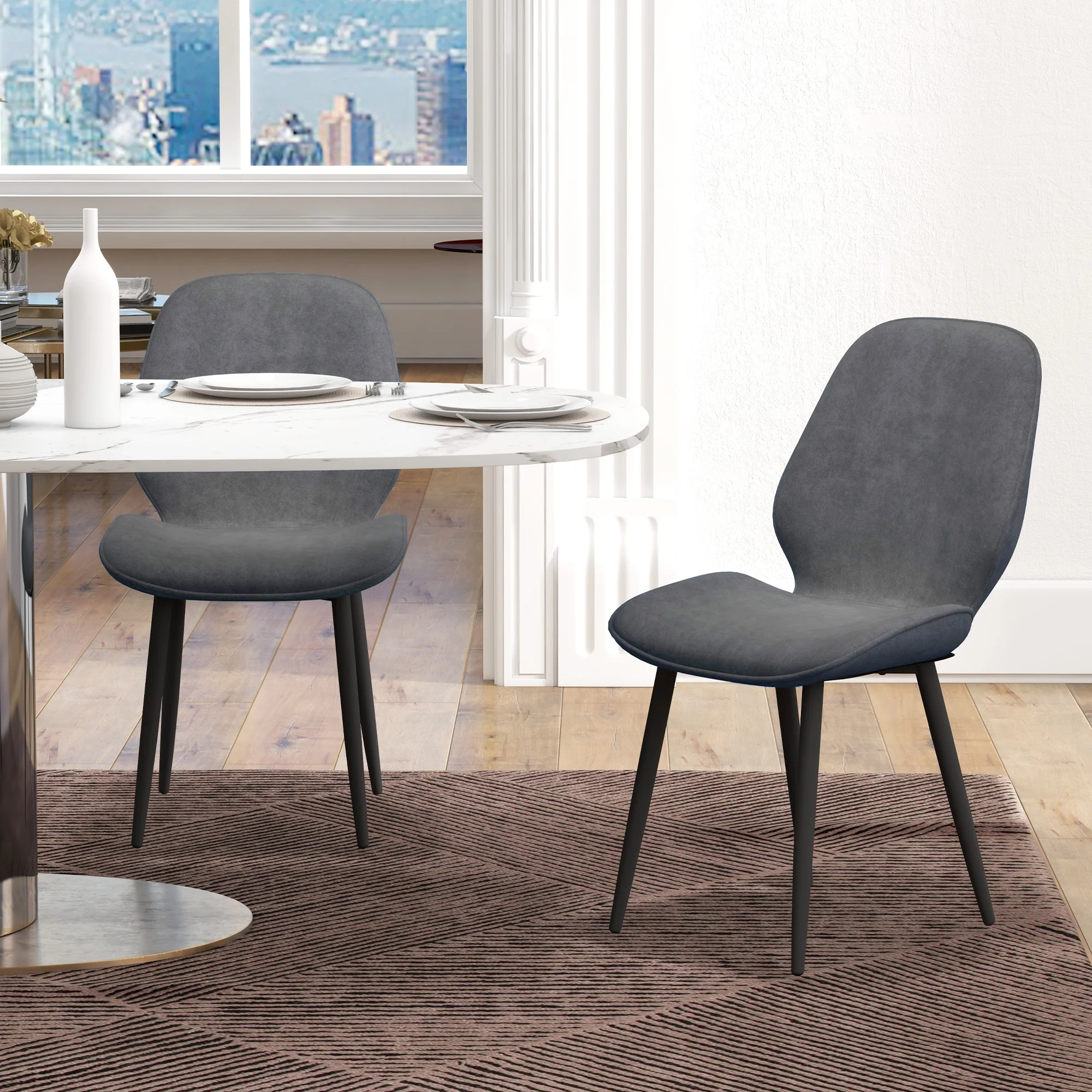 Velvet Fabric Upholstered Dining Chairs Set of 2 with Solid Metal Legs, Grey - Image 4