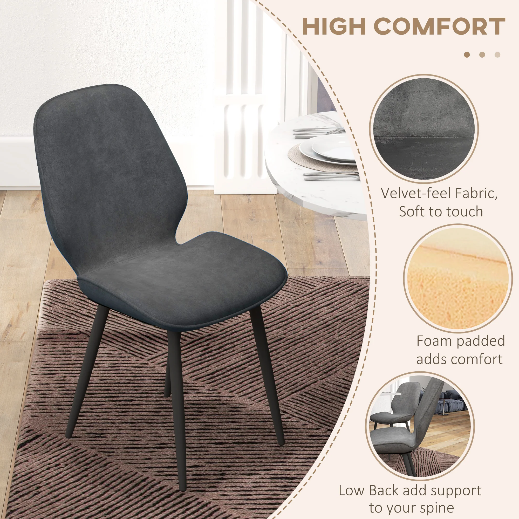 Velvet Fabric Upholstered Dining Chairs Set of 2 with Solid Metal Legs, Grey - Image 7