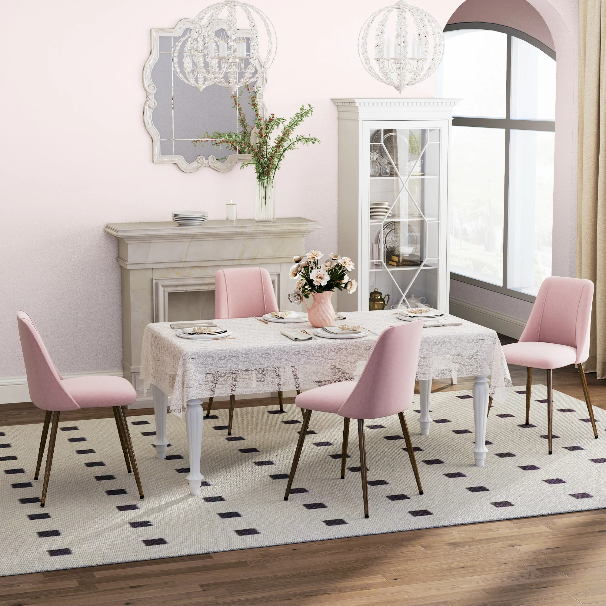 Set of 4 Velvet Dining Chairs with Wood-Grain Steel Legs, Pink - Image 10