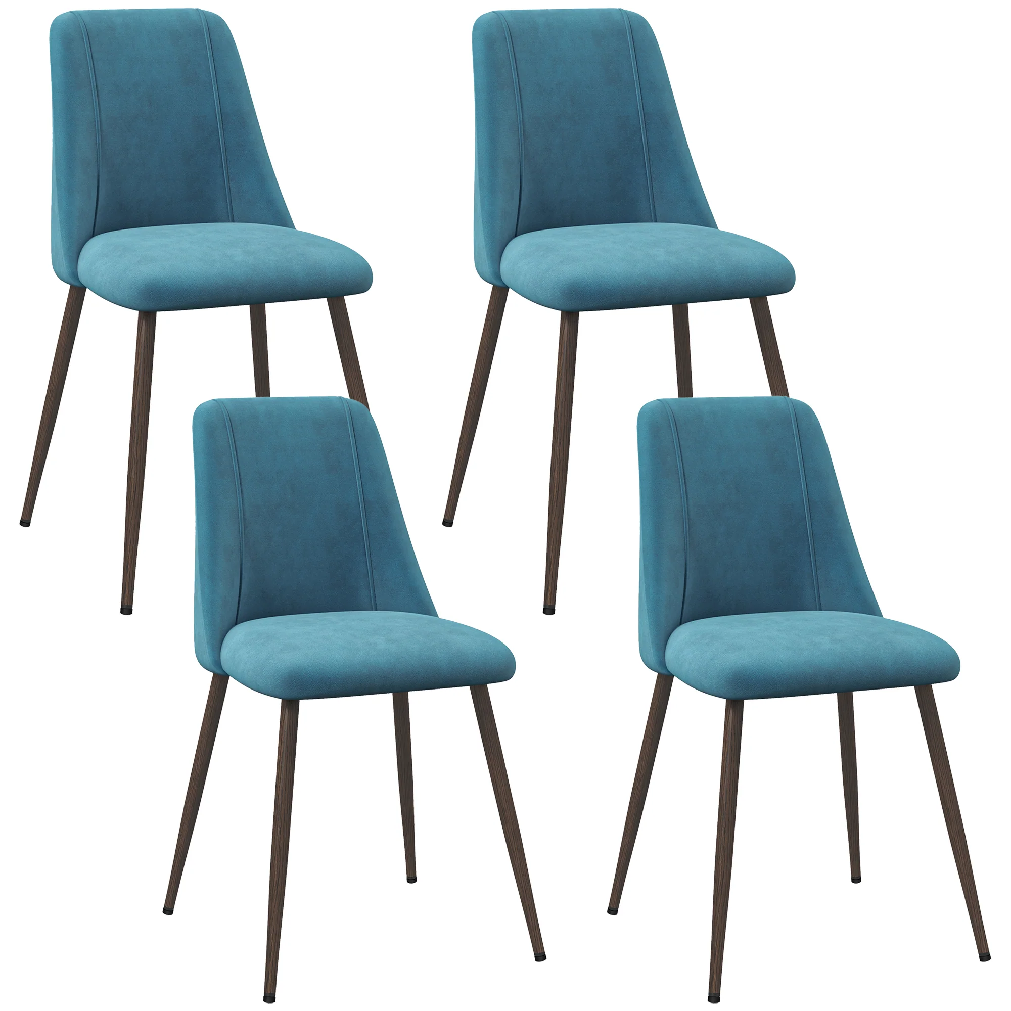 Set of 4 Velvet Dining Chairs with Wood-Grain Steel Legs, Blue