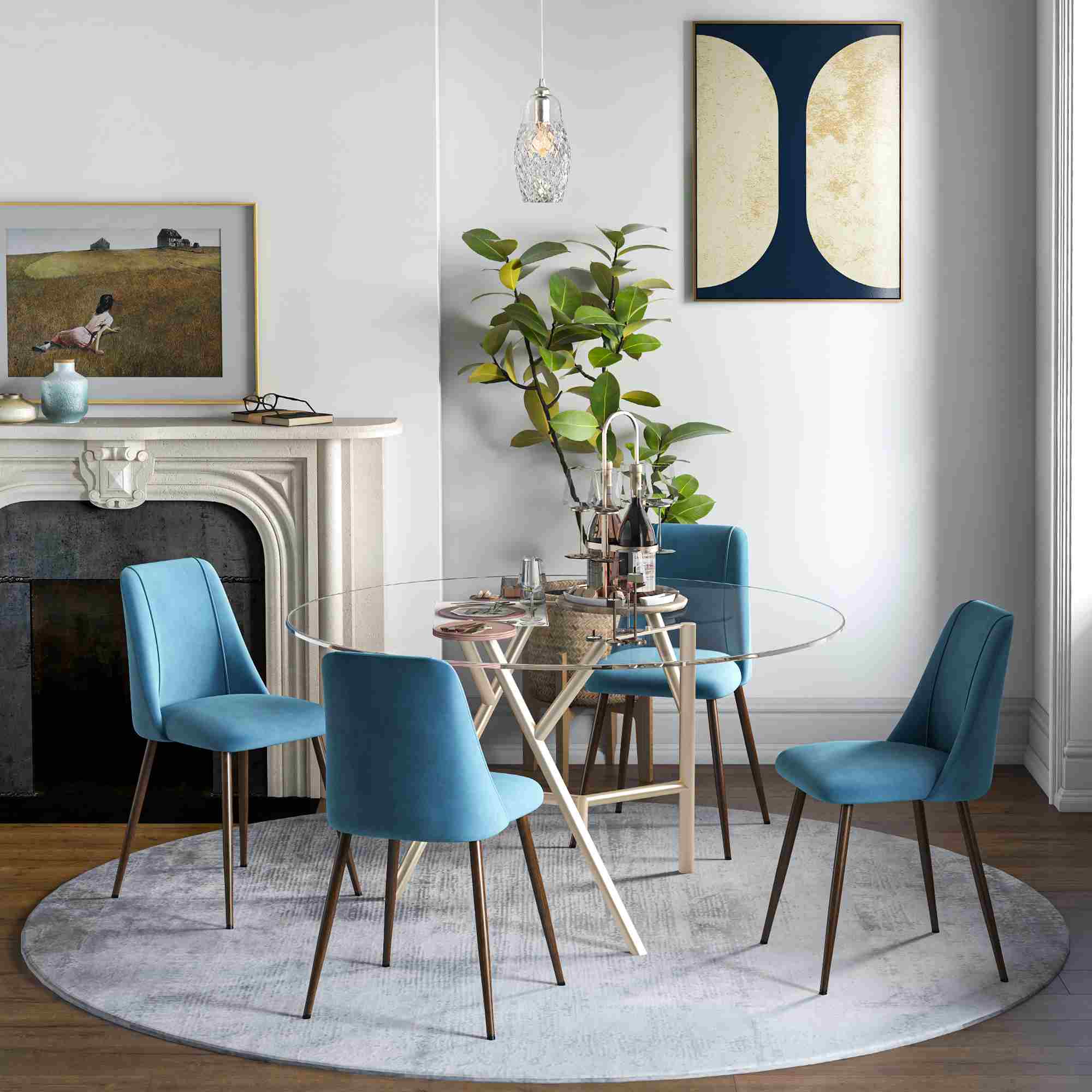 Set of 4 Velvet Dining Chairs with Wood-Grain Steel Legs, Blue - Image 3