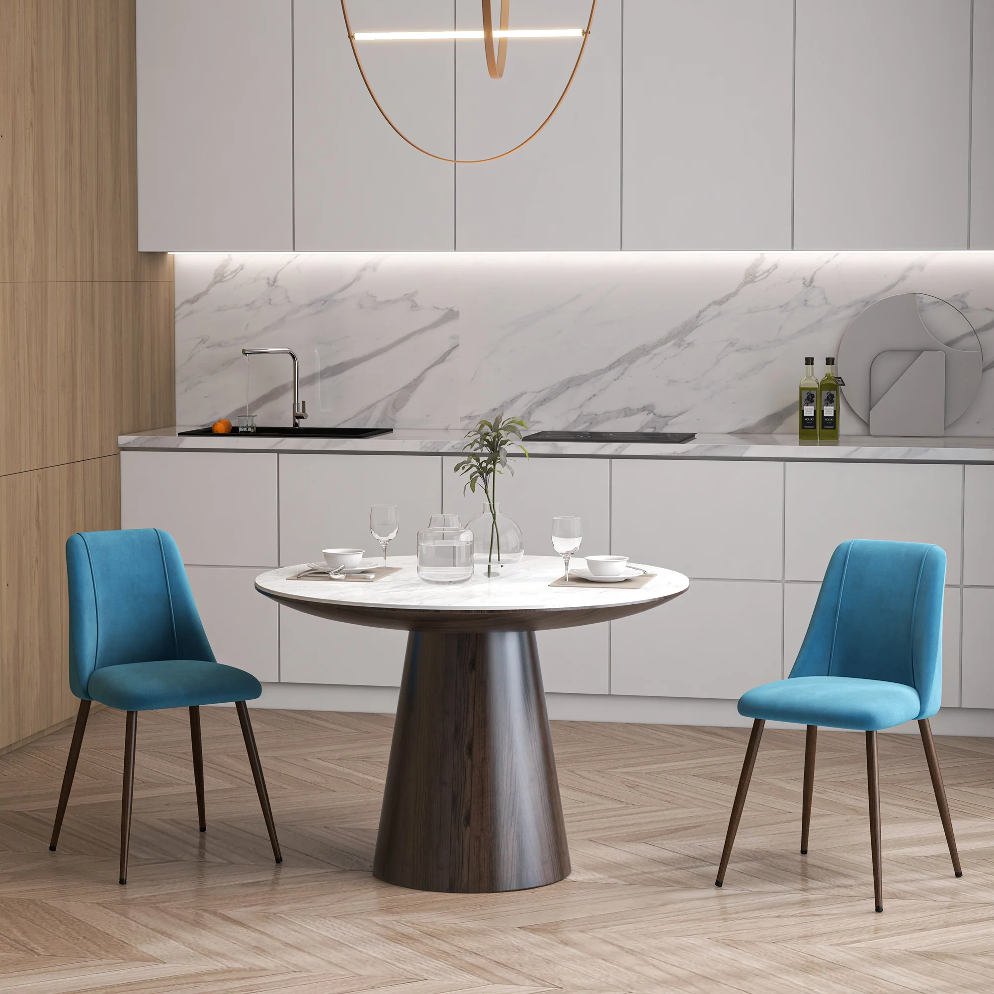 Set of 4 Velvet Dining Chairs with Wood-Grain Steel Legs, Blue - Image 4