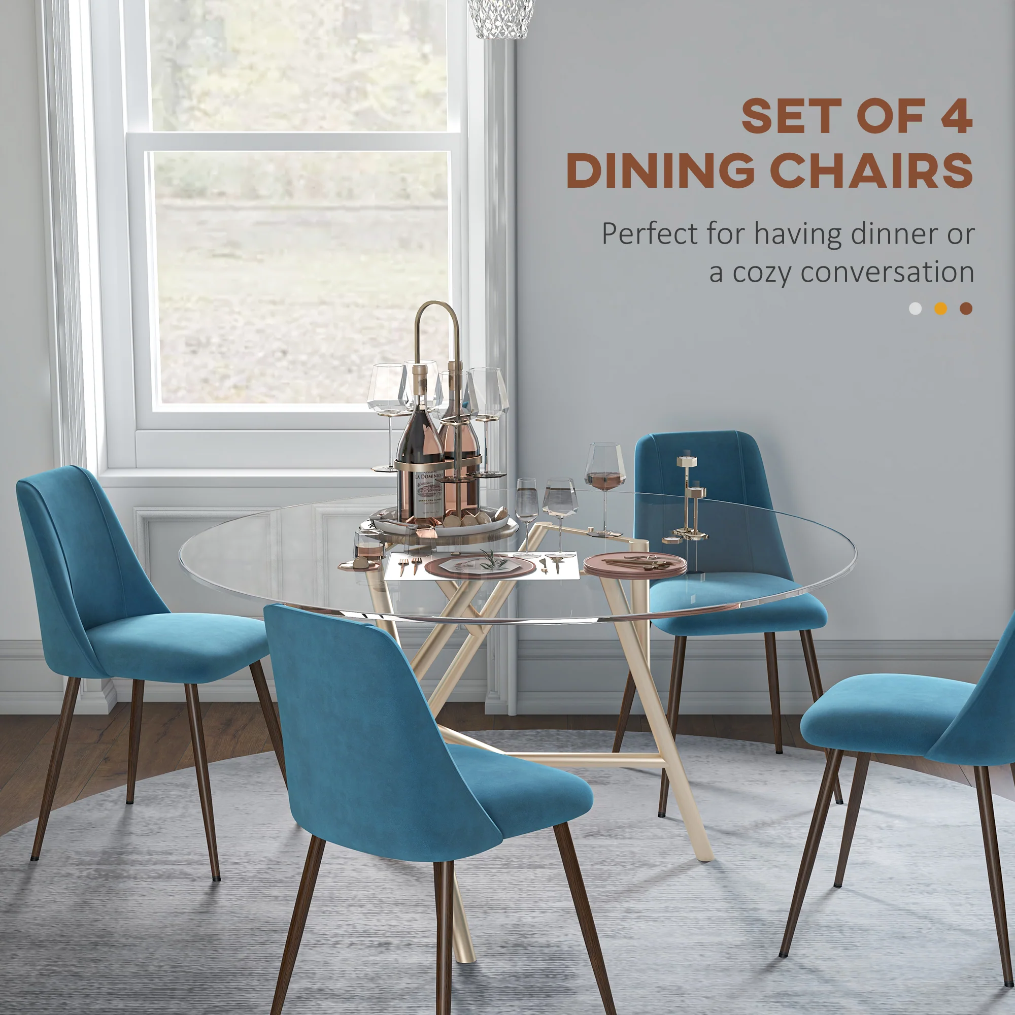 Set of 4 Velvet Dining Chairs with Wood-Grain Steel Legs, Blue - Image 6
