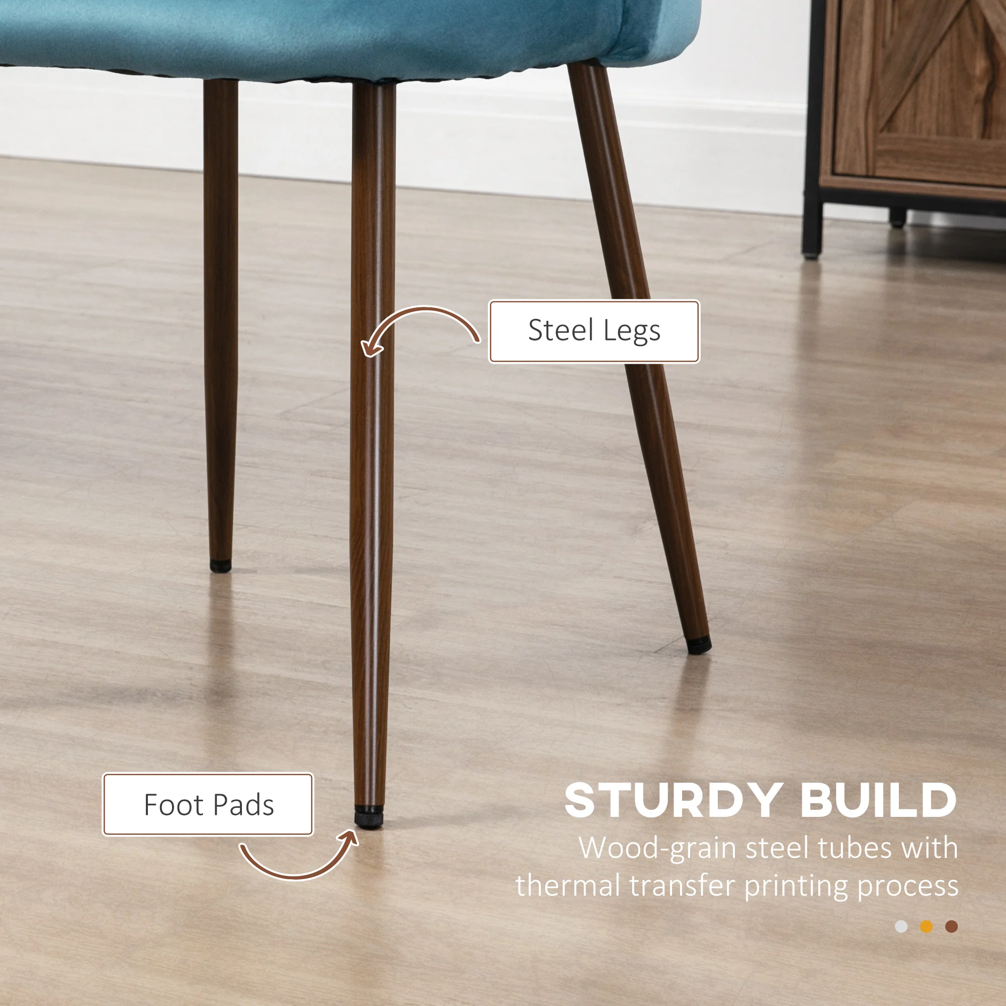 Set of 4 Velvet Dining Chairs with Wood-Grain Steel Legs, Blue - Image 8