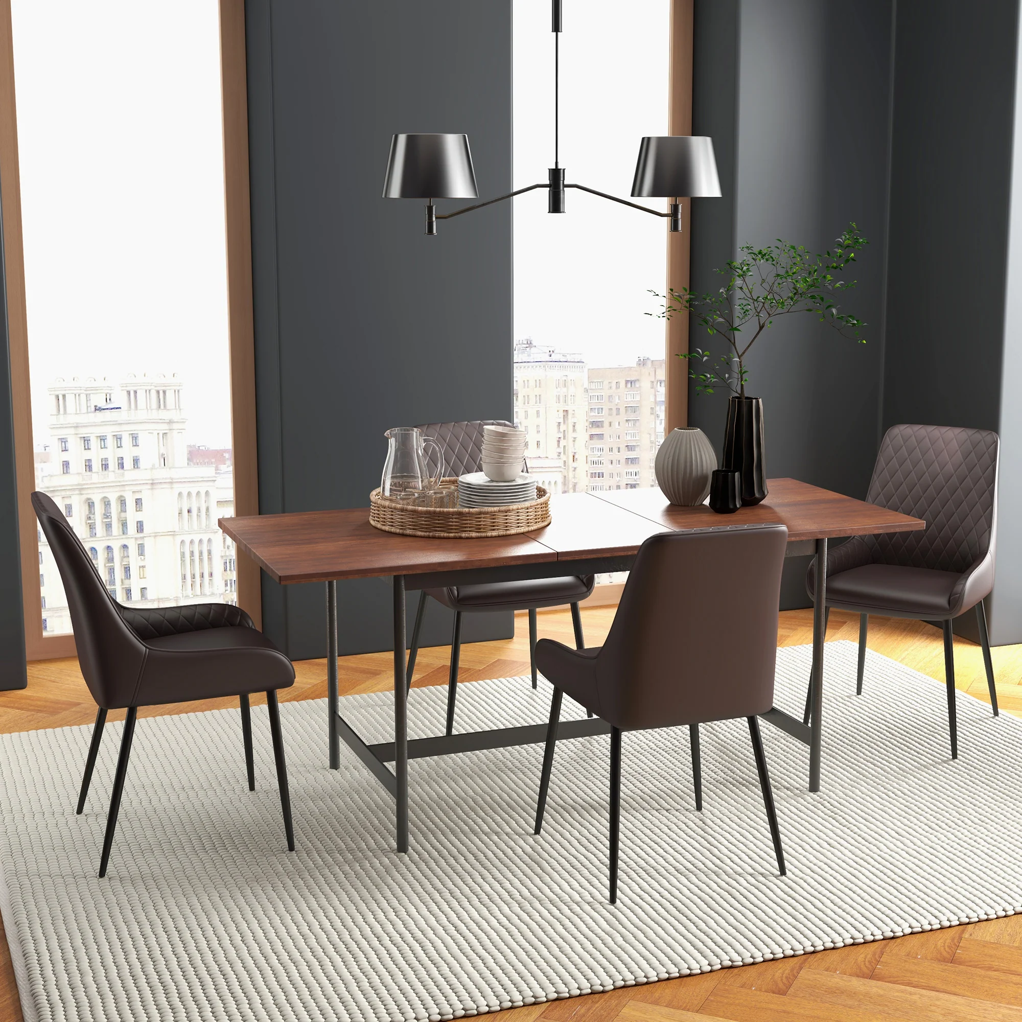 Set of 4 PU Leather Dining Chairs with Tufted Backs & Steel Legs, Brown - Image 3