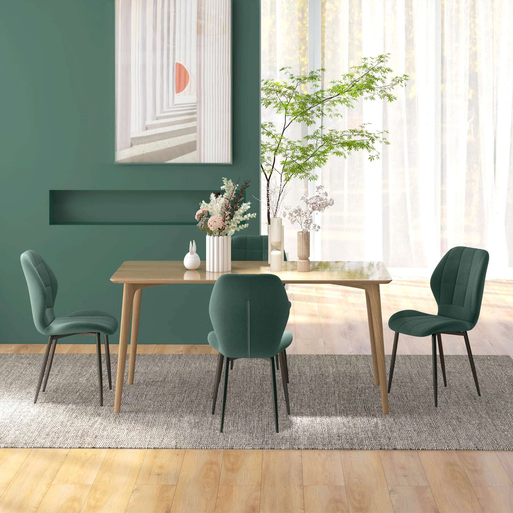 Flannel Upholstered Armless Dining Chairs Set of 4 with Steel Frame, Dark Green - Image 10