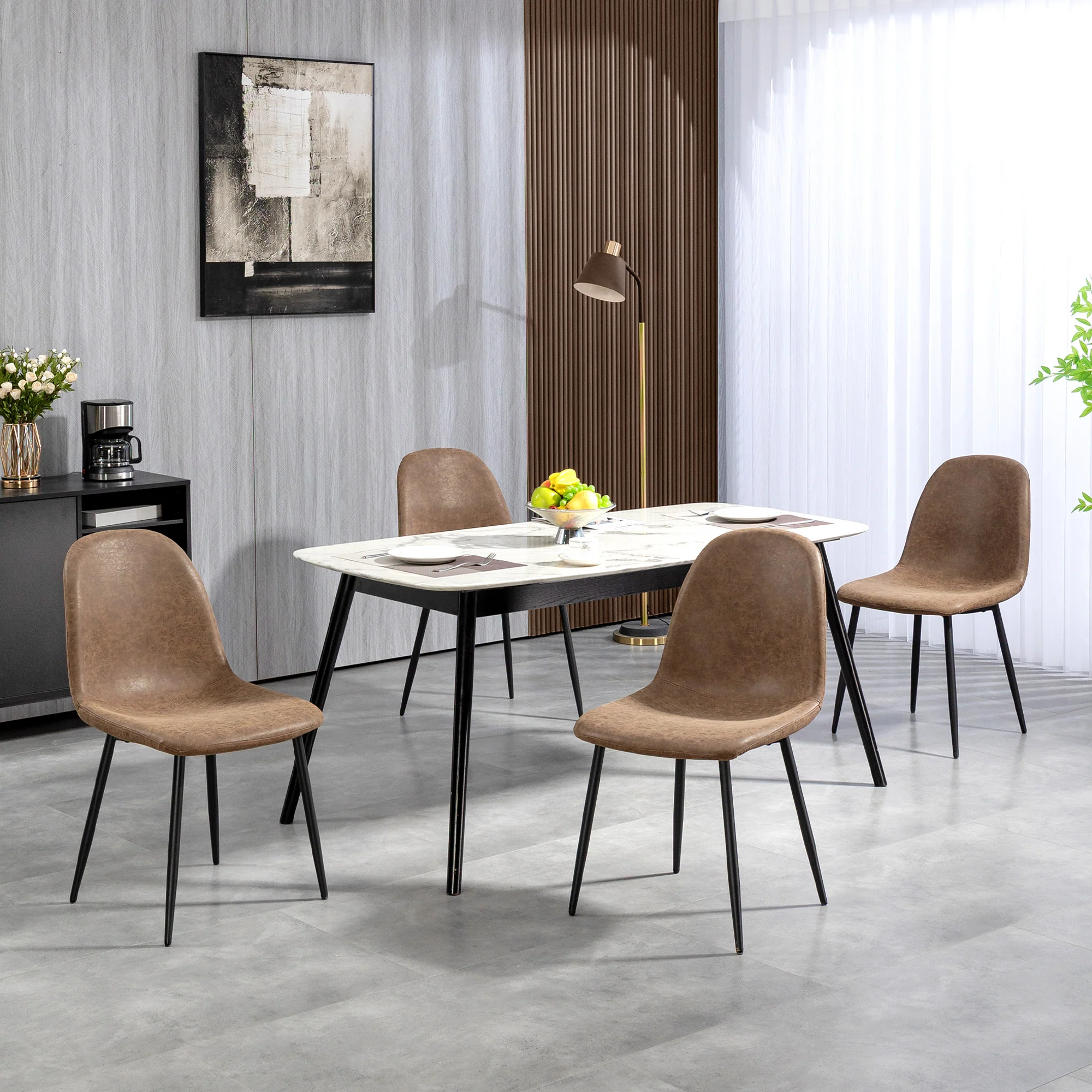 Set of 4 Retro Dining Chairs with PU Leather Wide Seat & Steel Base, Brown - Image 4