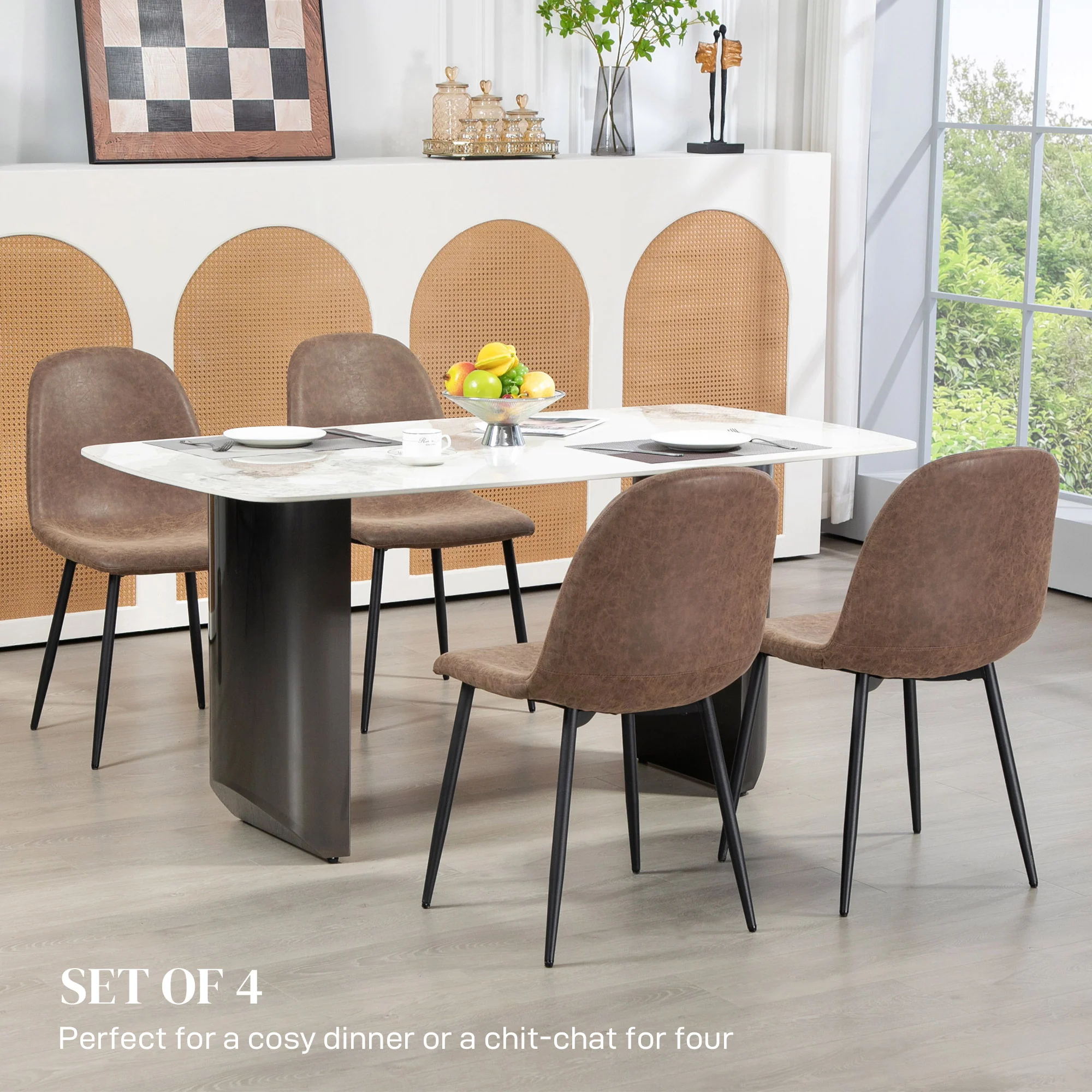 Set of 4 Retro Dining Chairs with PU Leather Wide Seat & Steel Base, Brown - Image 6