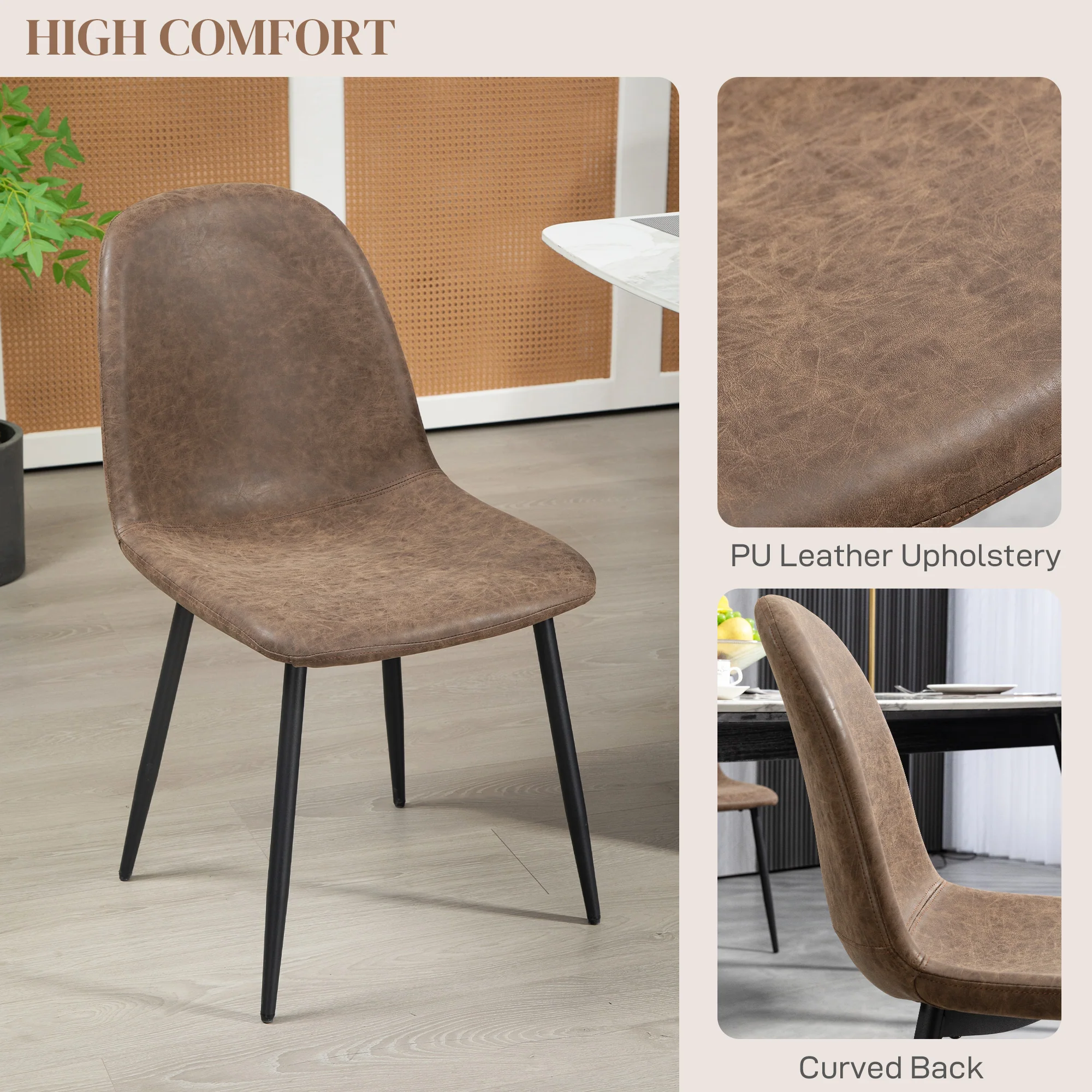 Set of 4 Retro Dining Chairs with PU Leather Wide Seat & Steel Base, Brown - Image 7
