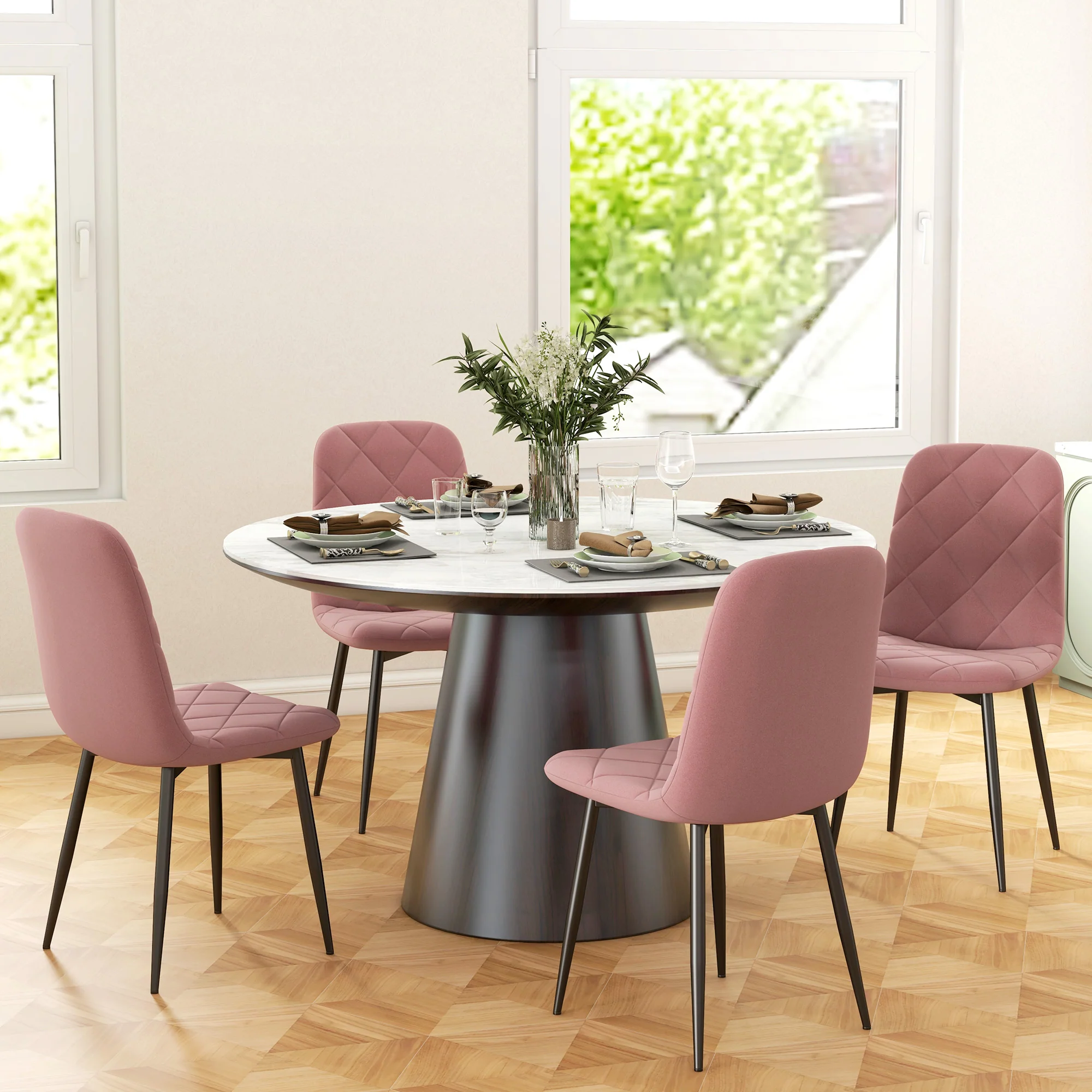 Set of 4 Upholstered Dining Chairs with Metal Legs Modern Kitchen Chairs, Pink - Image 3