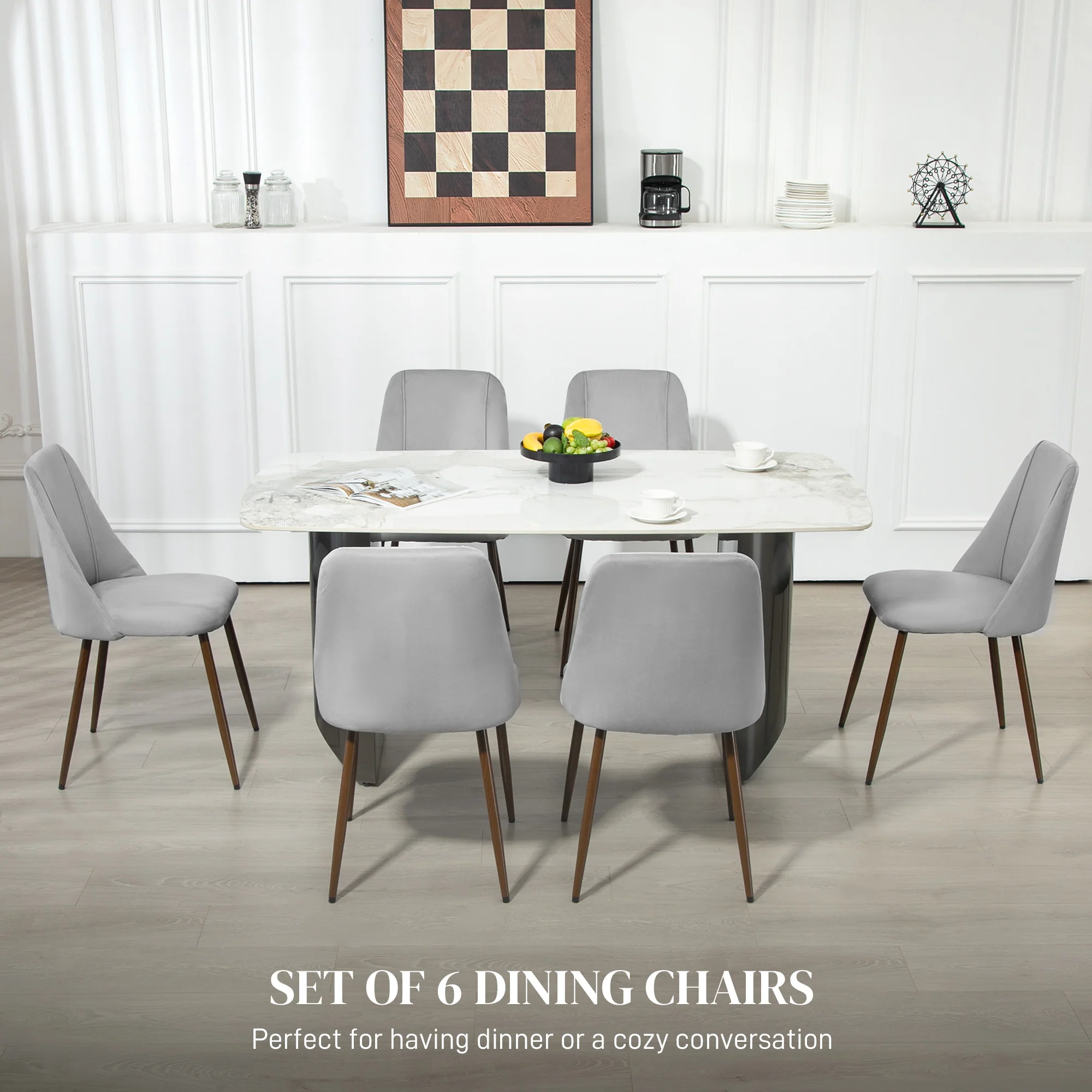 Set of 6 Velvet Dining Chairs with Wood-Grain Steel Legs, Grey - Image 6