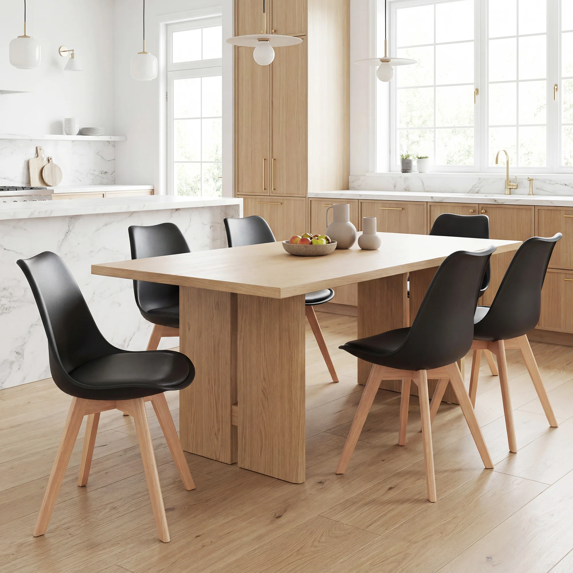 Dining Chairs Set of 6, Modern Kitchen Chairs with PU Leather Cushion and Wood Base, Upholstered Accent Chairs for Living Room and Dining Room, Black - Image 3