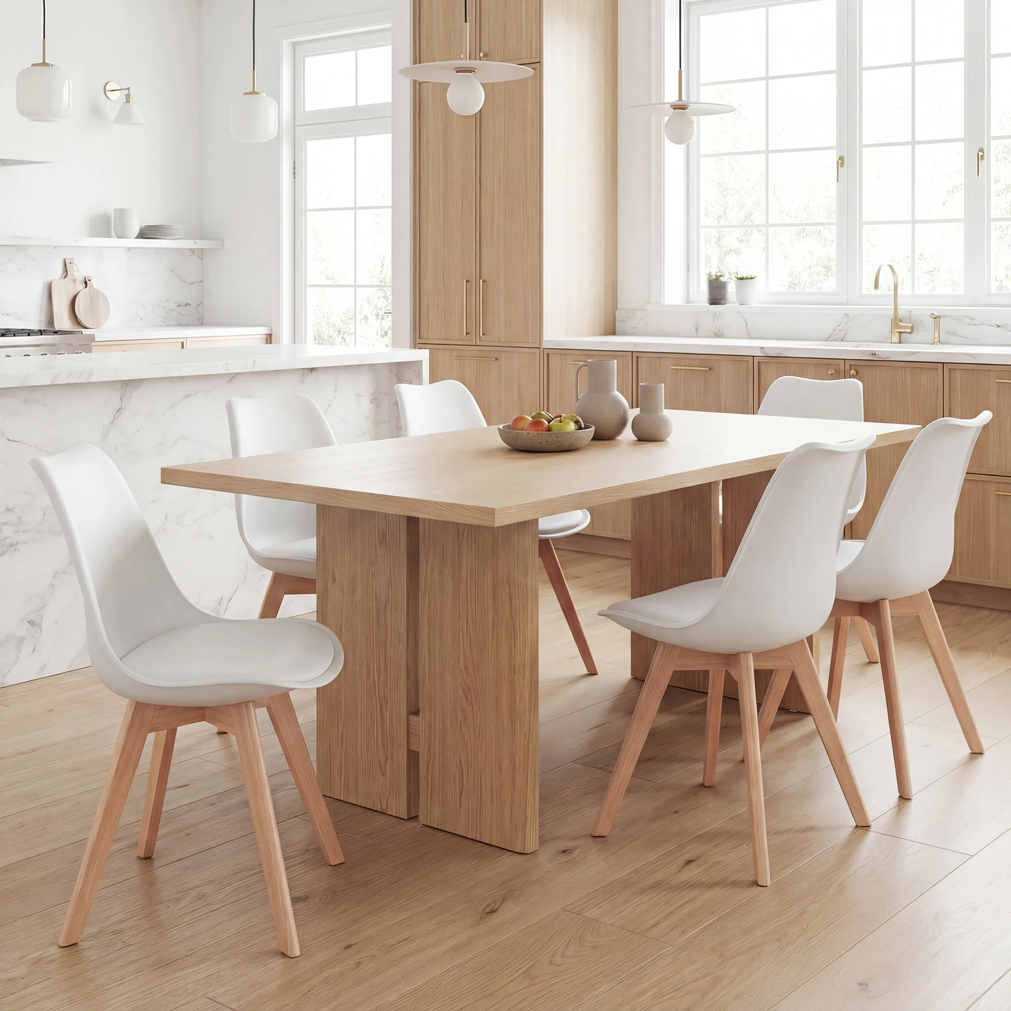 Dining Chairs Set of 6, Modern Kitchen Chairs with PU Leather Cushion and Wood Base, Upholstered Accent Chairs for Living Room and Dining Room, White - Image 3