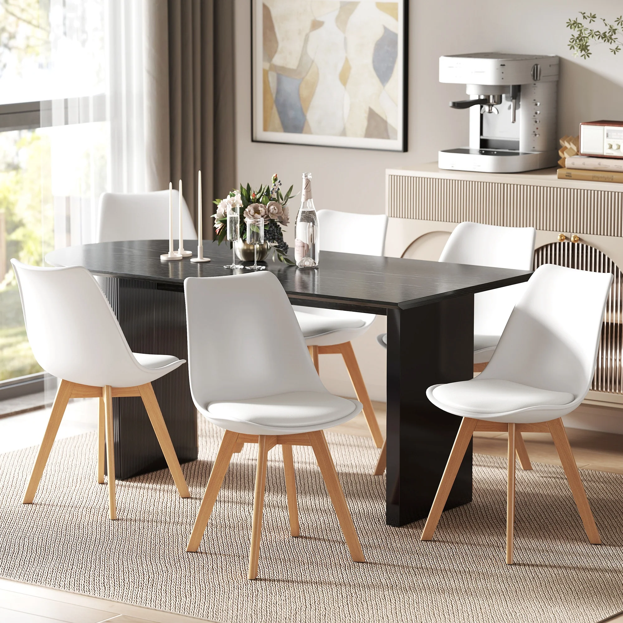 Dining Chairs Set of 6, Modern Kitchen Chairs with PU Leather Cushion and Wood Base, Upholstered Accent Chairs for Living Room and Dining Room, White - Image 4