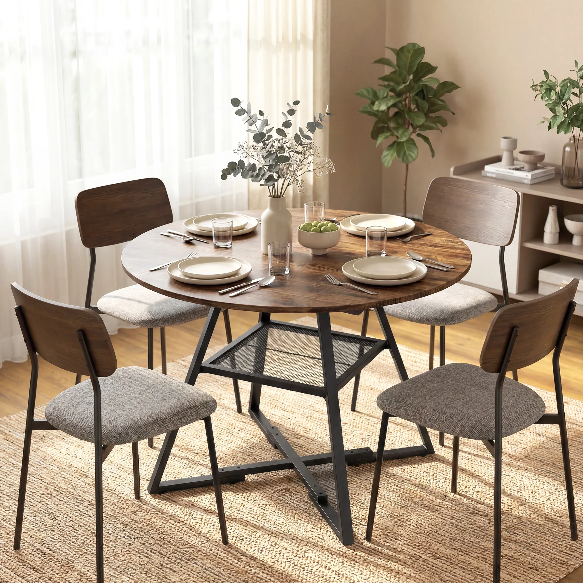 Dining Table for 4 People, 100 cm Round Industrial Kitchen Table with Storage Shelf, Wood Effect Tabletop, Metal Base for Kitchen, Dining Room, Living Room, Rustic Brown - Image 3