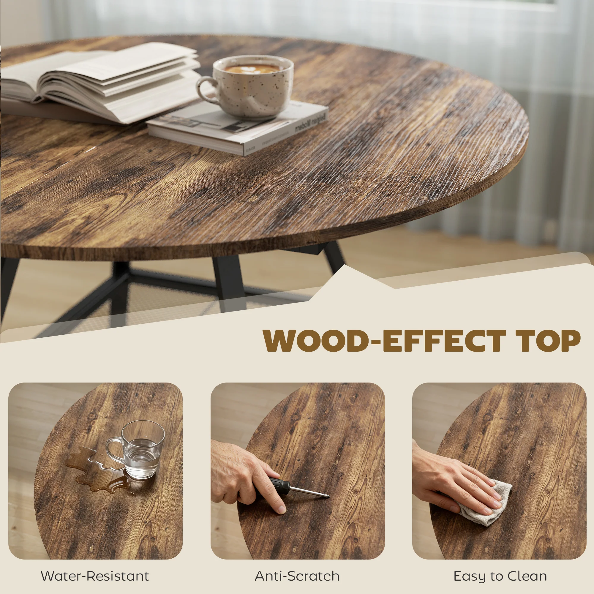 Dining Table for 4 People, 100 cm Round Industrial Kitchen Table with Storage Shelf, Wood Effect Tabletop, Metal Base for Kitchen, Dining Room, Living Room, Rustic Brown - Image 8