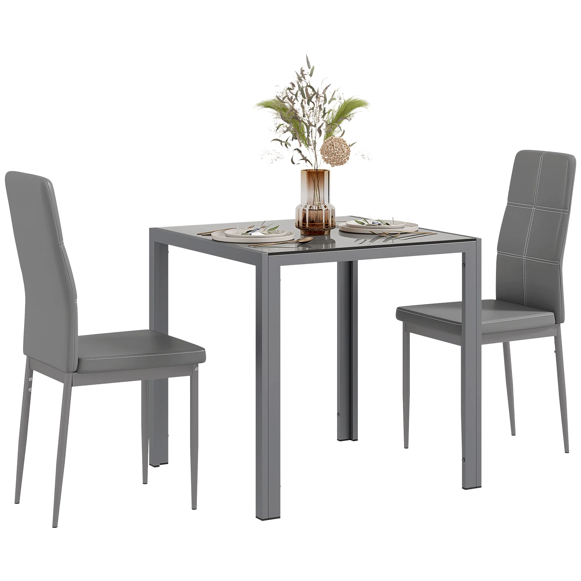 3-Piece Glass Dining Set with Faux Leather Chairs, Grey