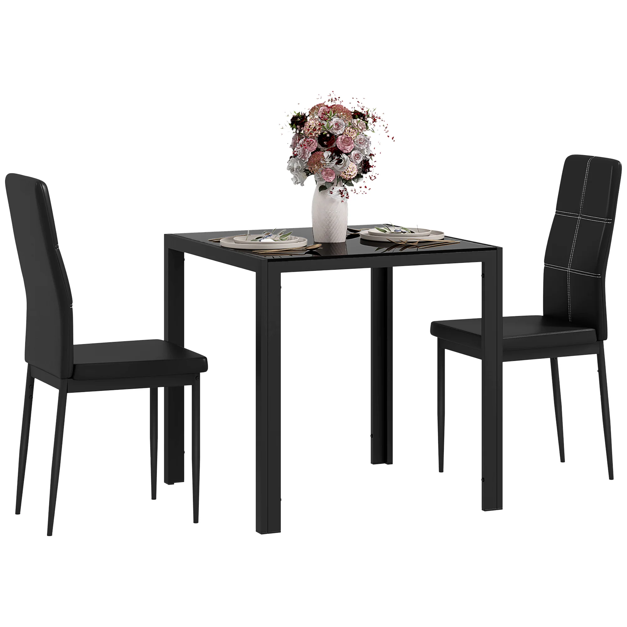 3-Piece Glass Dining Set with Faux Leather Chairs, Black