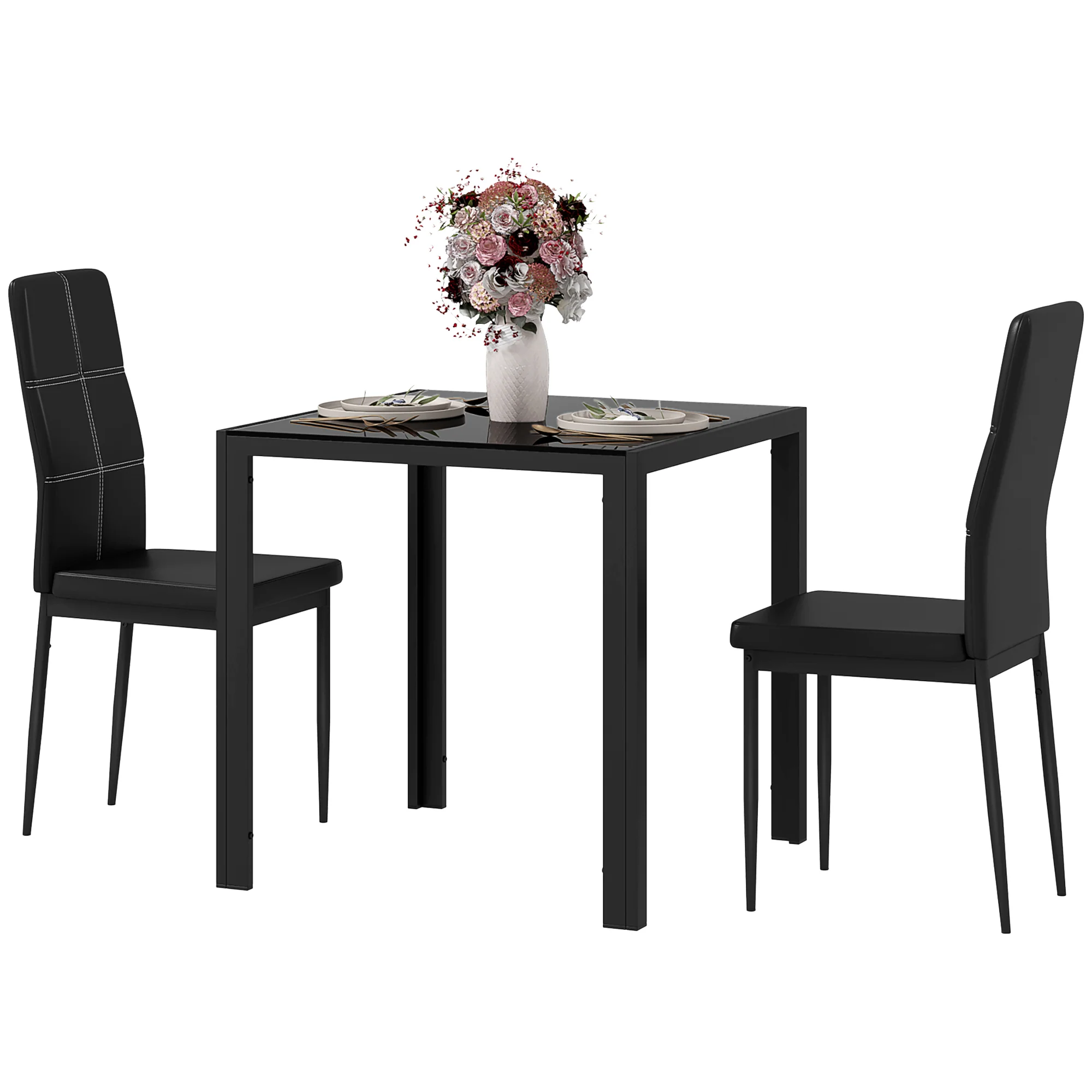 3-Piece Glass Dining Set with Faux Leather Chairs, Black - Image 2