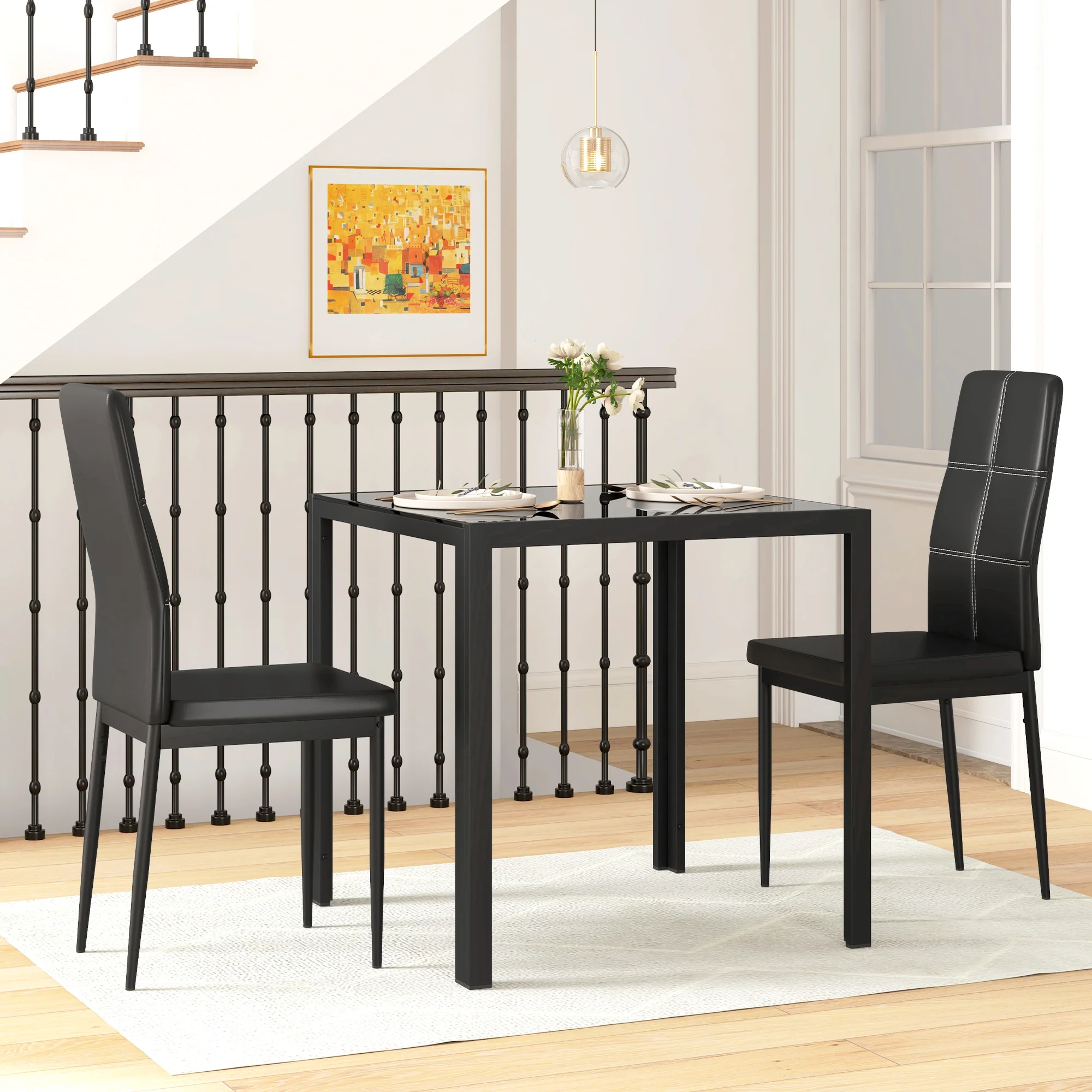 3-Piece Glass Dining Set with Faux Leather Chairs, Black - Image 3