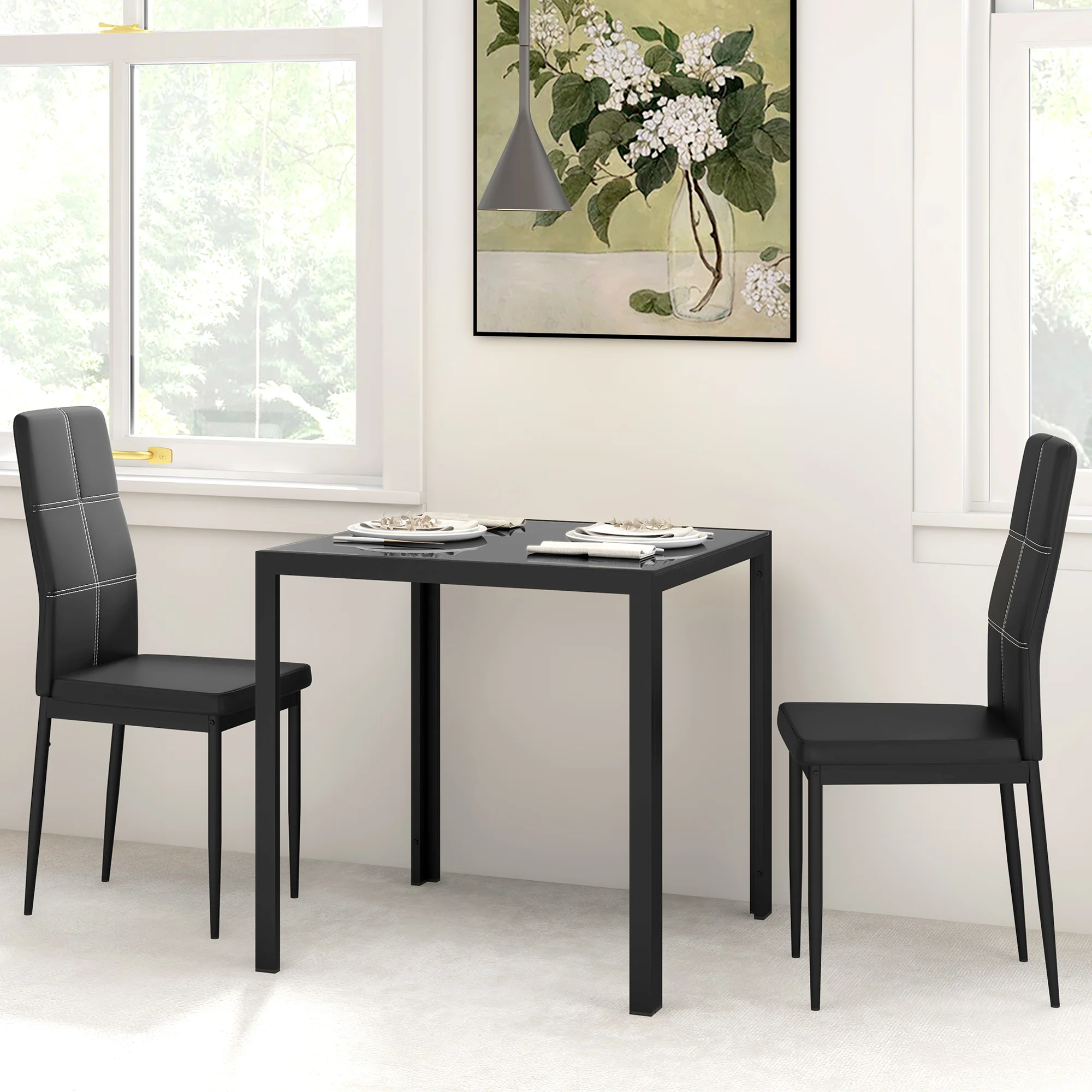 3-Piece Glass Dining Set with Faux Leather Chairs, Black - Image 4