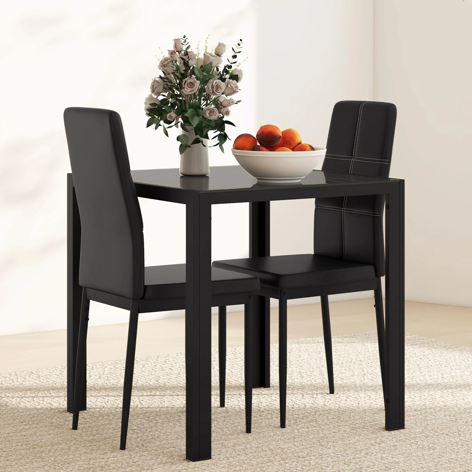 3-Piece Glass Dining Set with Faux Leather Chairs, Black - Image 9